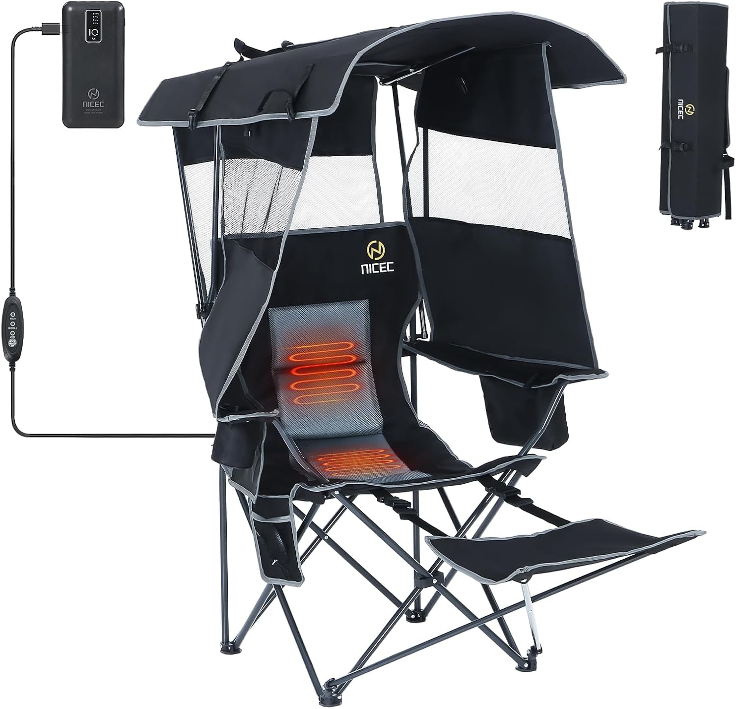 Nice C Chair with Canopy, Heated Camping Chair with Battery, Outdoor Sports Chairs with Shade, Heated Folding Umbrella Chairs, with Removable Footrest (1-Pack) 1 1-pack Heated Chair Black&grey