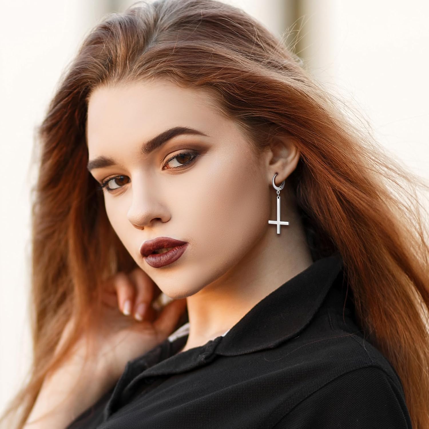 OIDEA Inverted Cross Earrings for Men Women: Punk Stainless Steel Upside Down Cross Earrings Drop Dangle Huggie Hoop Earrings Gothic Christian Jewelry Gifts - Image 4