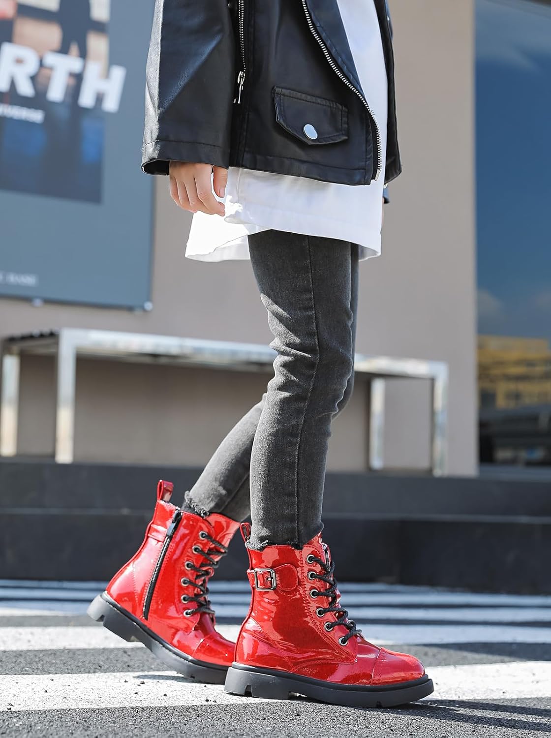 DADAWEN Boys Girls Glitter Ankle Boots Lace Up Waterproof Combat Boot With Side Zipper (Toddler/Little Kid/Big Kid)