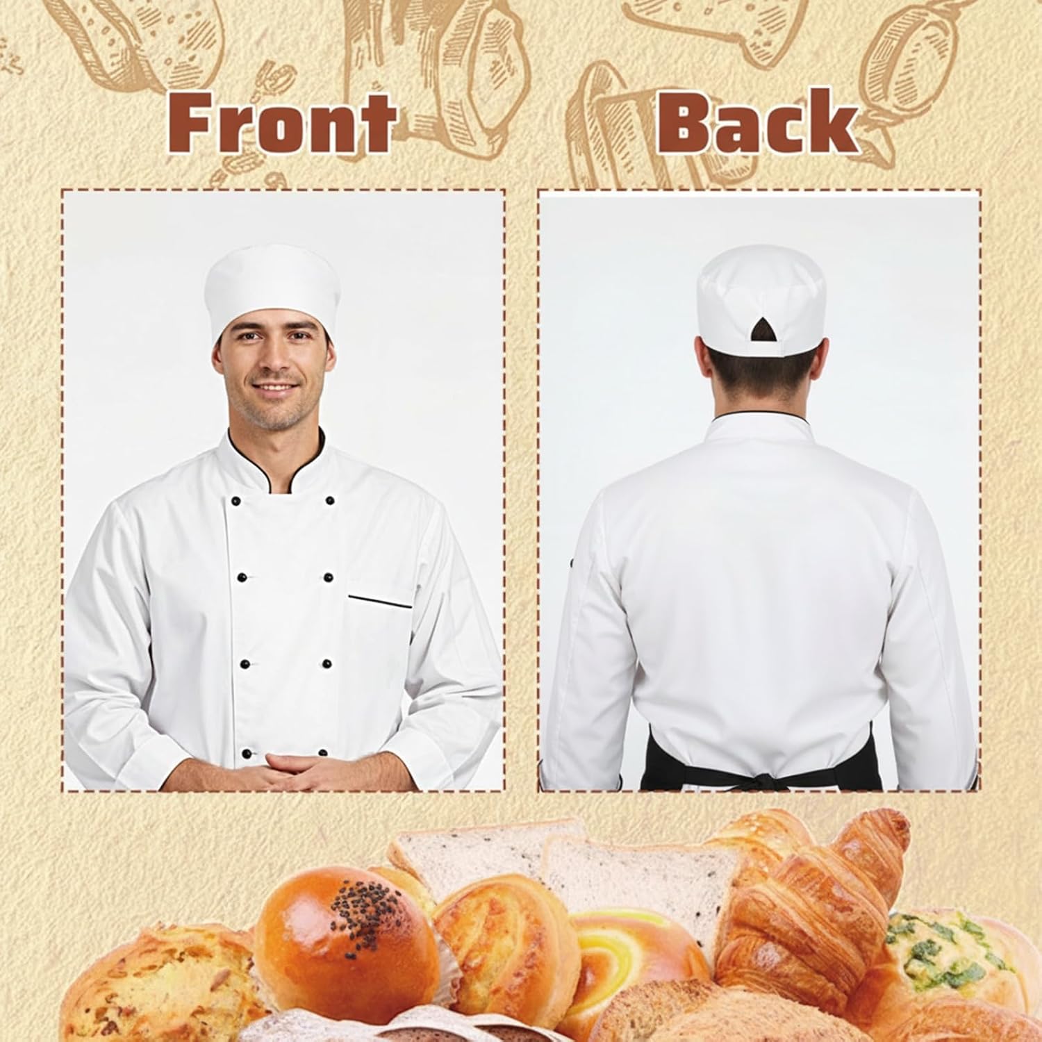 2 Pack Chef Skull Cap, Unisex Chef Hats Adjustable Kitchen Cooking Caps with Breathable Mesh Top Large Size - Image 3