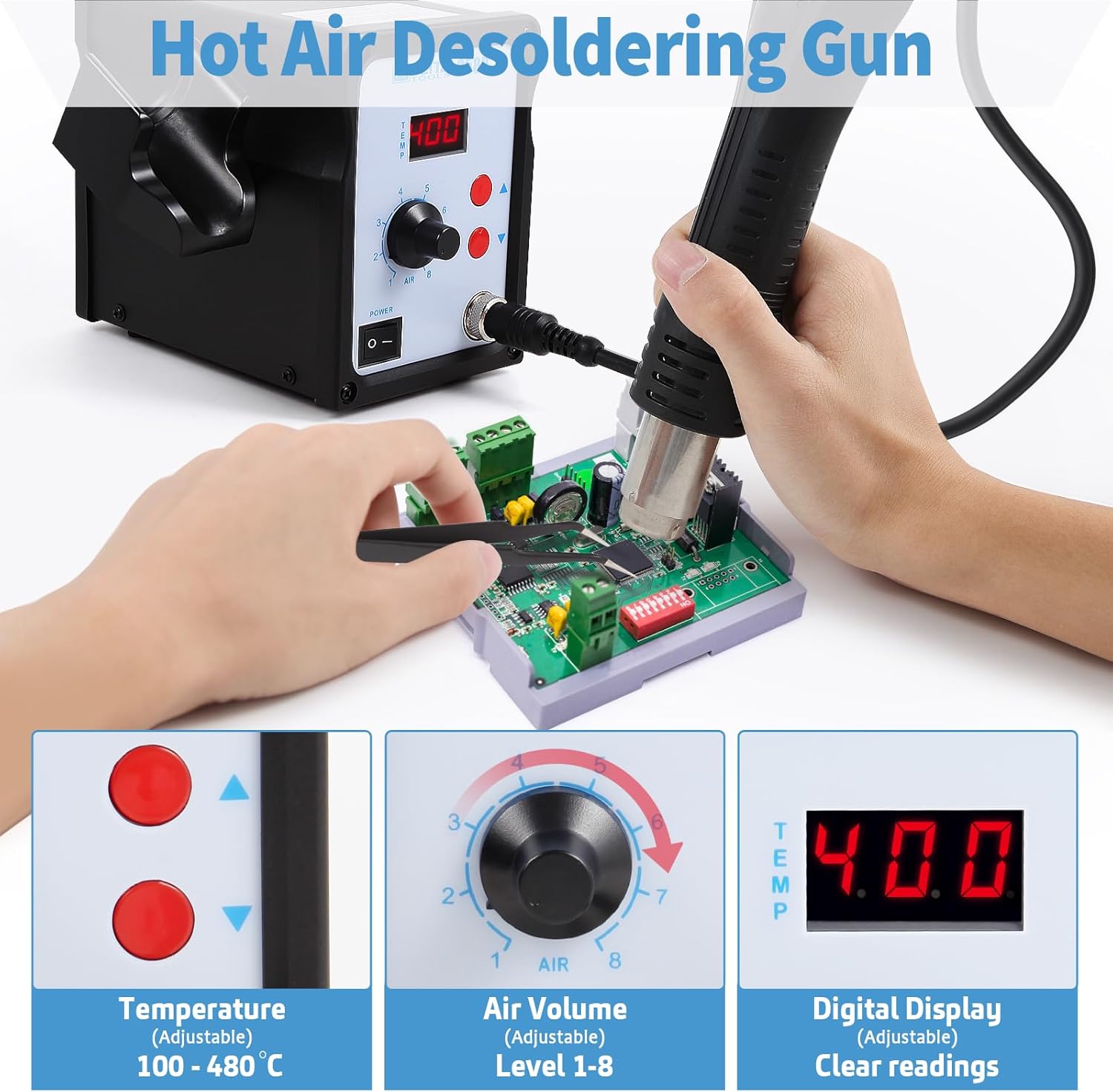 FEITA 858D Hot Air SMD Rework Station Digital Soldering Heat Gun Tool Kit with Desoldering Iron Holder, 3 Nozzles, 1 Spare Heating Element, 1 ESD Curved Tweezer & Extras Accessories