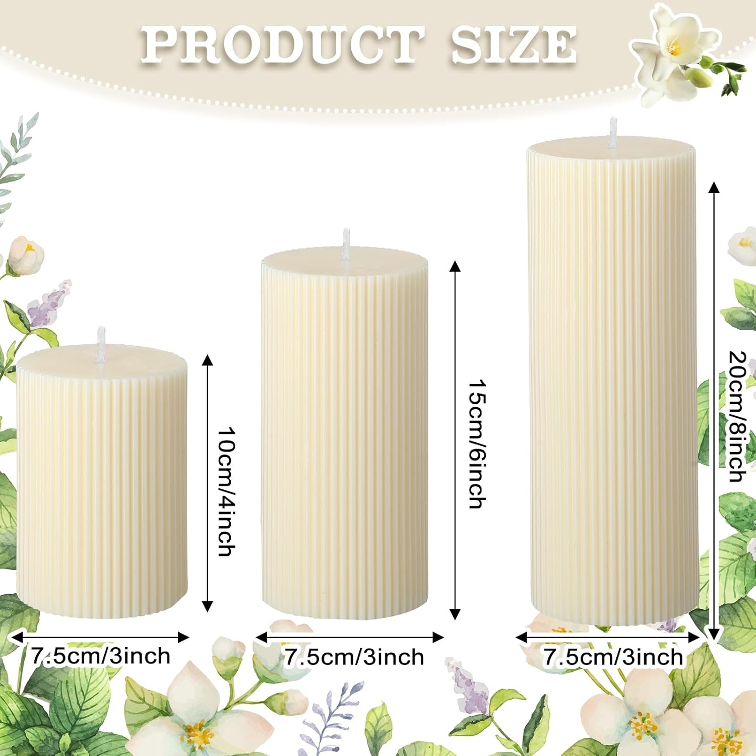 Conelist Ribbed Pillar Candles Set of 3, Width 3" High 4" 6" 8" Large Soy Wax Orchids Scented Pillar Candles Aesthetic Ribbed Modern Home Decor for Bathroom Living Room(Cream)