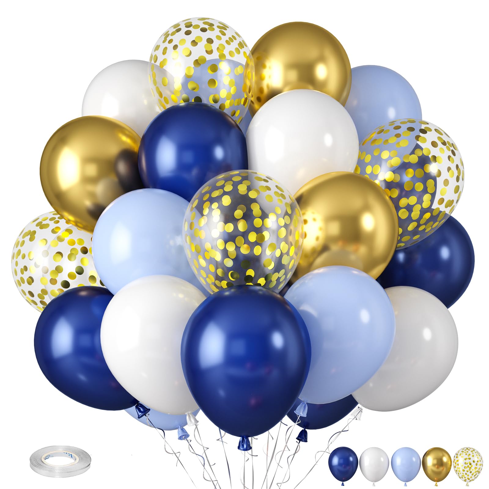 Navy Blue and Gold Balloons, Blue and White Gold Balloons, Macaron Blue Pearl Navy Balloon, Golden Confetti Latex Balloon for Birthday Wedding Baby Shower Graduation Anniversary EngagementCarbonfree Certified