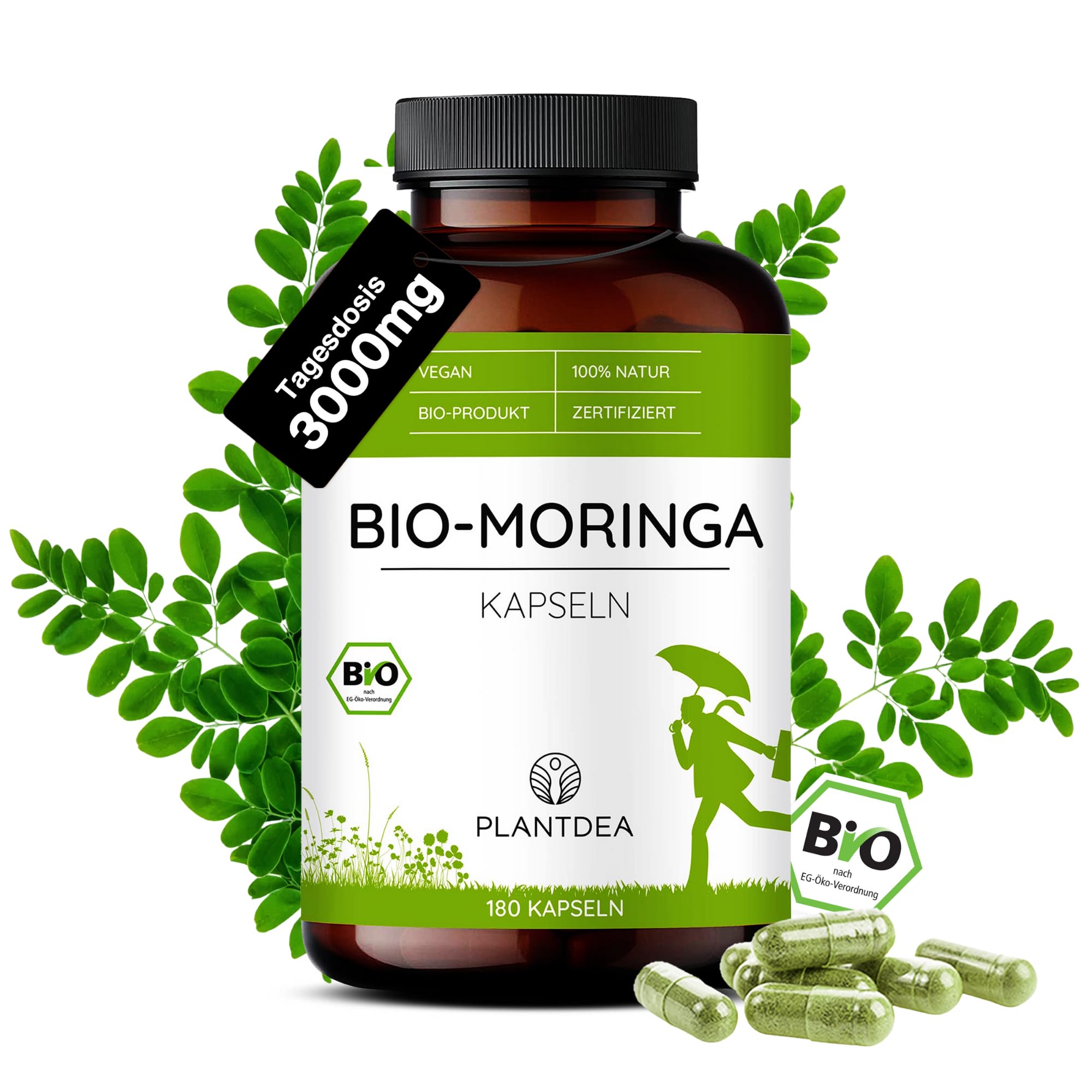 PlantDEA Bio Moringa Kapseln I 3000mg Tagesdosis I 180 Moringa-Kapseln hochdosiert I laborgeprüft I Bio Moringa Pulver I veganes Moringa-Präparat I Ohne Zusätze – Amazon Angebot