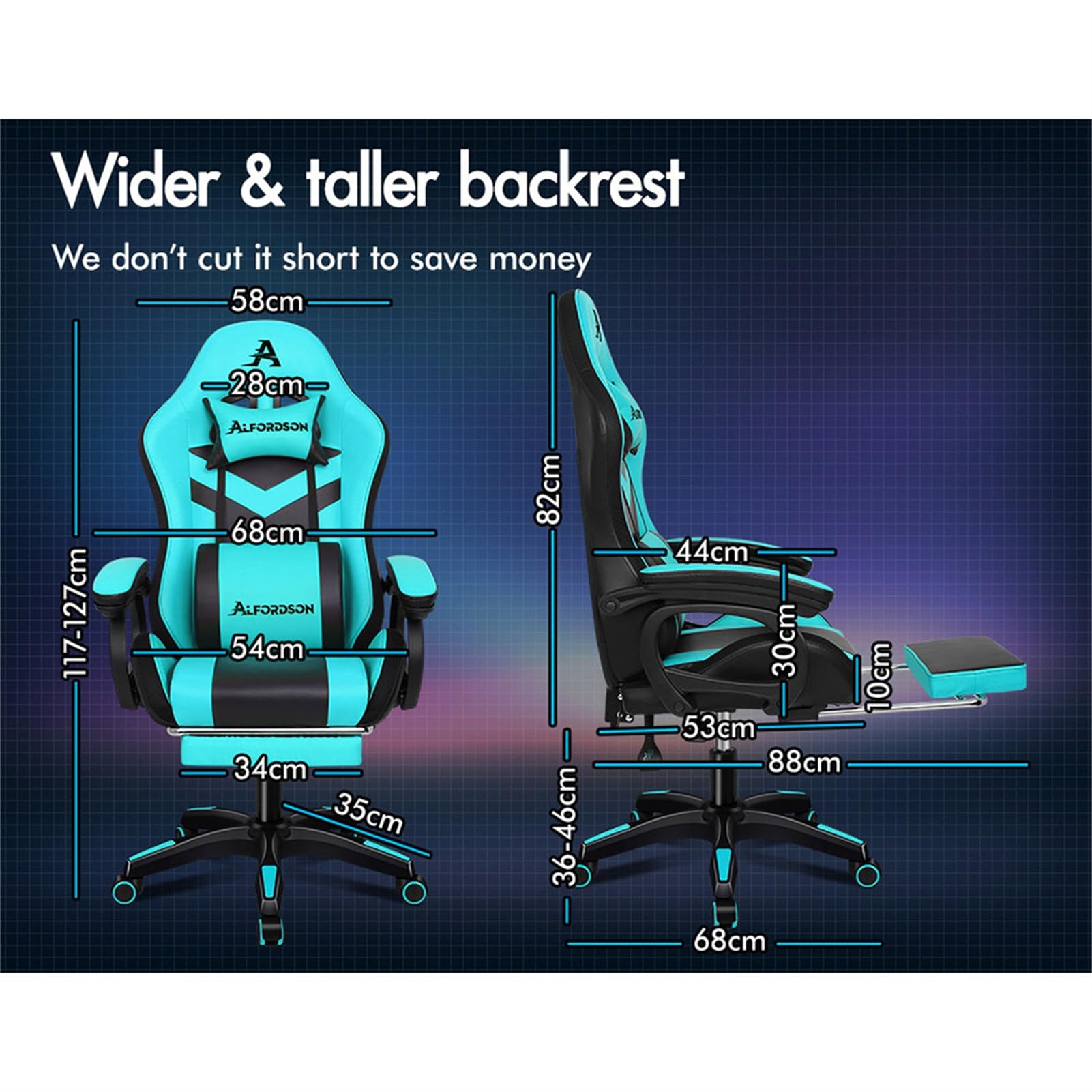 ALFORDSON Sedia da Gaming, Sedia da Gaming a LED con Illuminazione RGB a 12 Colori, Sedia da Gaming Massaggiante con Supporto Lombare, Poggiapiedi, Materiale PU, Ciano