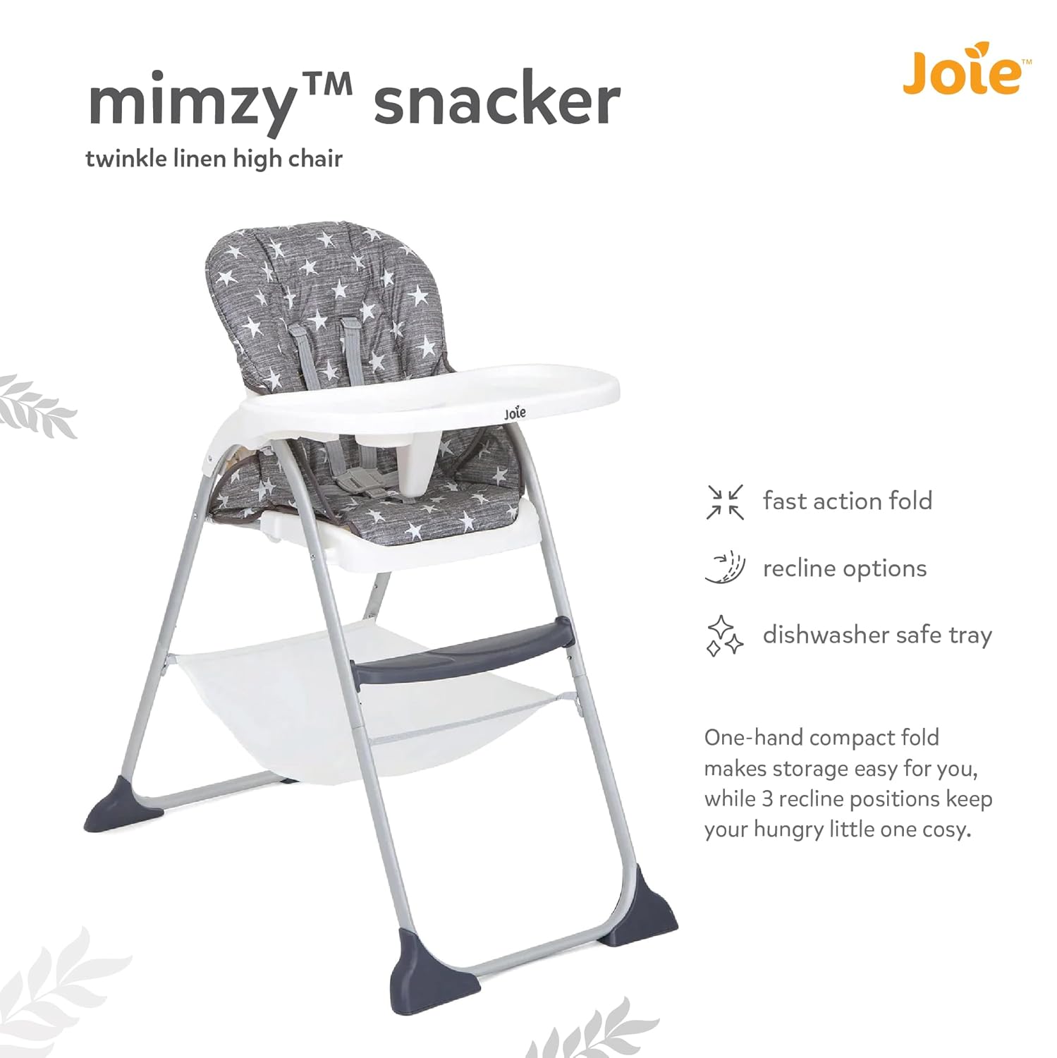 Joie Mimzy Snacker High Chair for Baby – Feeding Chair with a One-Hand fold, 3-Position Seat Recline & 5-Point Harness System (6 Months to 15 kg) Twinkle Linen