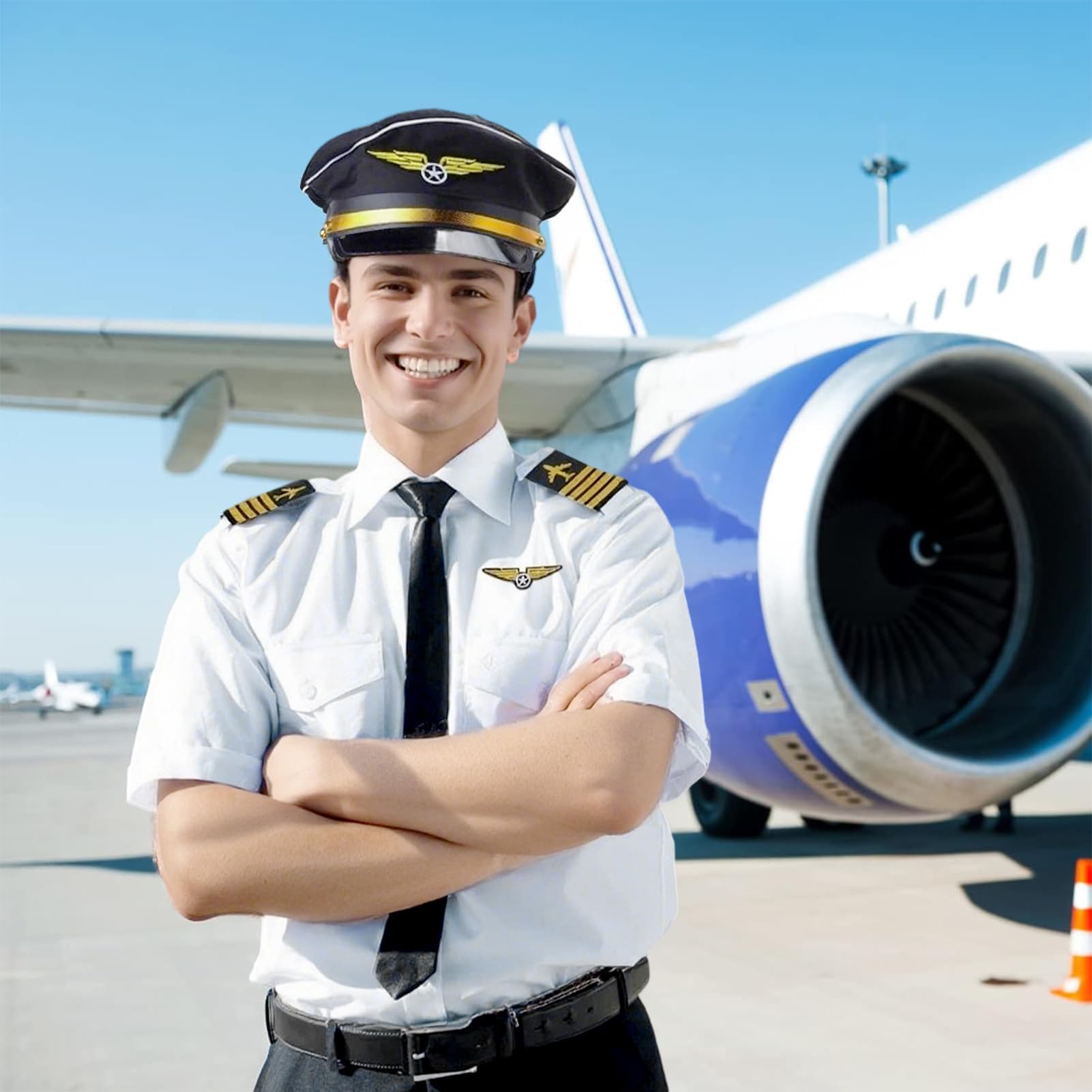 Pilot Hat Costume Set Adults Flight Attendant Fancy Dress Kit Captain Party Cosplay Accessories Airline Stewardess Costume Hat Brooch Gloves Sunglasses for Halloween Dress Up Flying Partys (Man) - Image 3