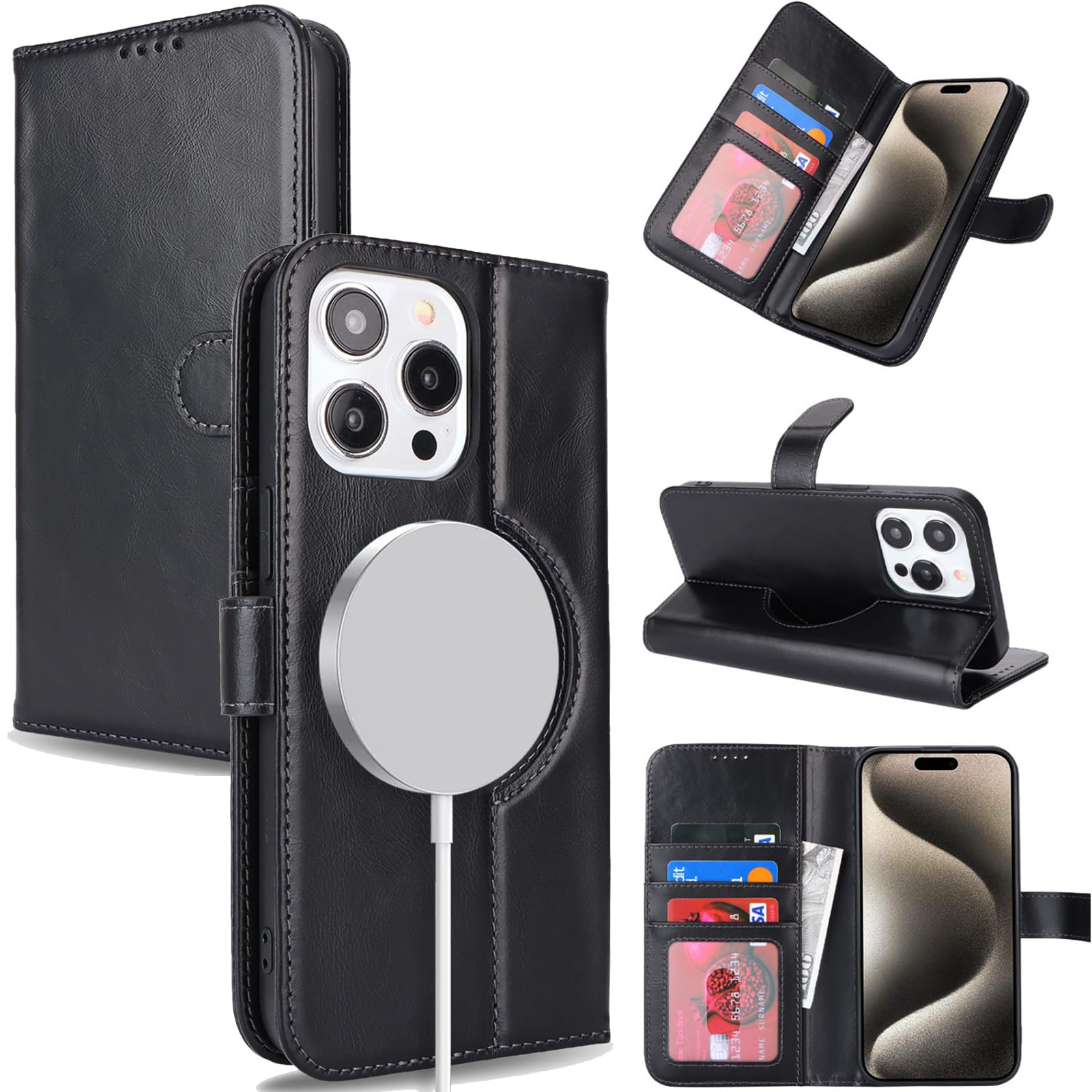 Zouzt for iPhone 15 Pro Max 6.7 Inch Genuine Leather Wallet Case with Card Holder, Compatible with MagSafe Magnetic Wireless Charging Flip Folio Cover Women Men for iPhone 15 Pro Max - Black