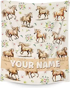 Custom Horse Throws Blanket with Name - 40x50 Inches Cute Throw Blanket for Girls - White Soft Fuzzy Blankets for Couch & Office