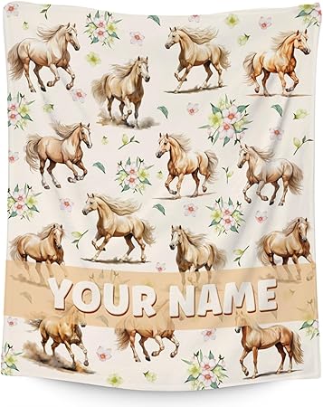 Custom Horse Throws Blanket with Name - 40x50 Inches Cute Throw Blanket for Girls - White Soft Fuzzy Blankets for Couch & Office