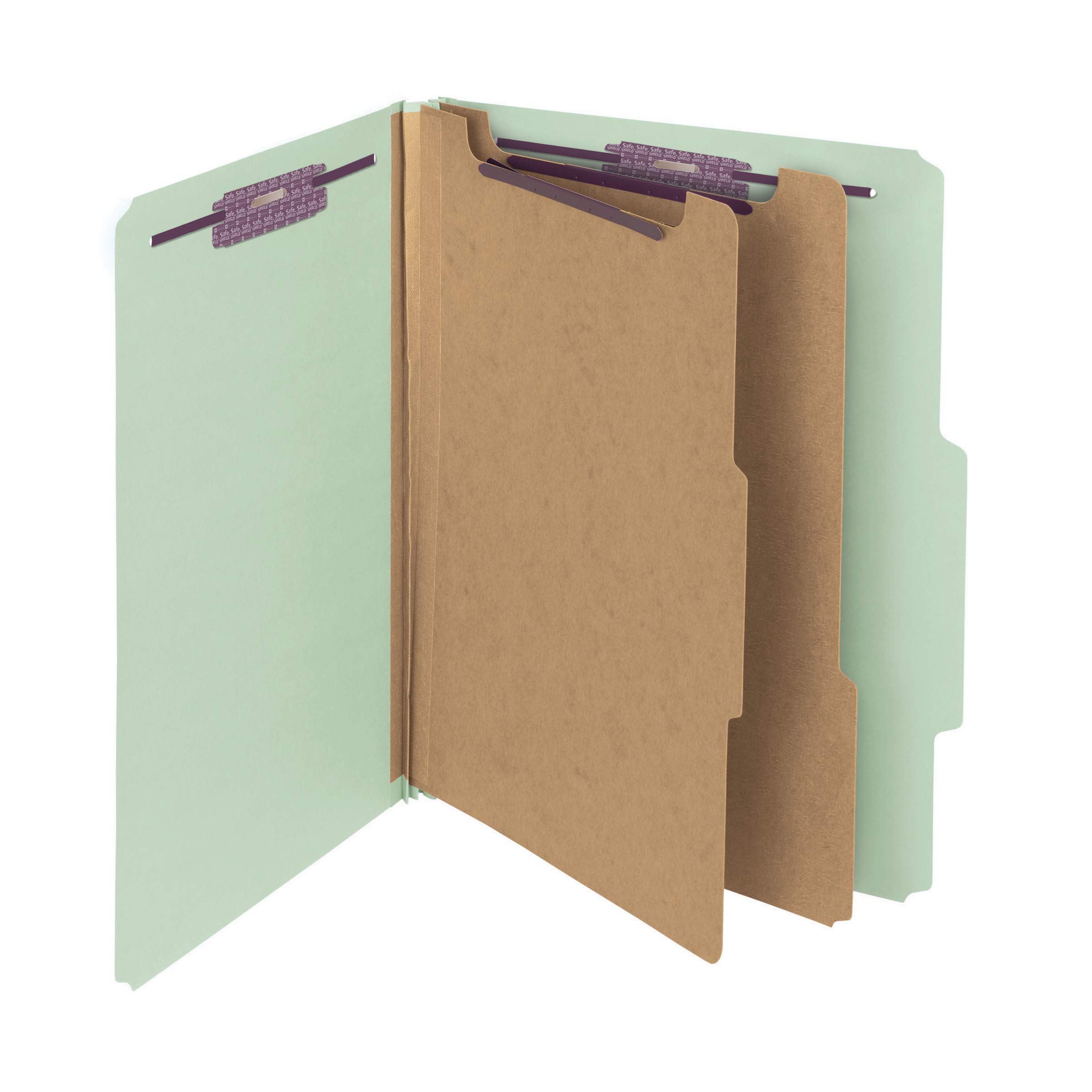 Smead Pressboard Classification File Folder with SafeSHIELD Fasteners, 2 Dividers, 2" Expansion, Letter Size, Gray/Green, 10 per Box (14076)