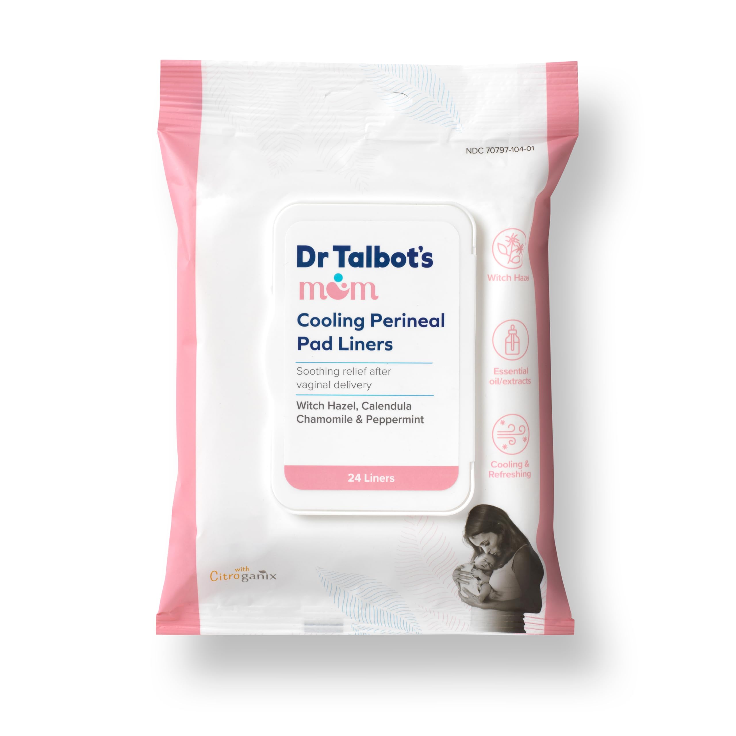 Dr. Talbot's Mom Postpartum Perineal Pad Liners - Instant Cooling Witch Hazel Pad Liners for Postpartum Care - 24 Count