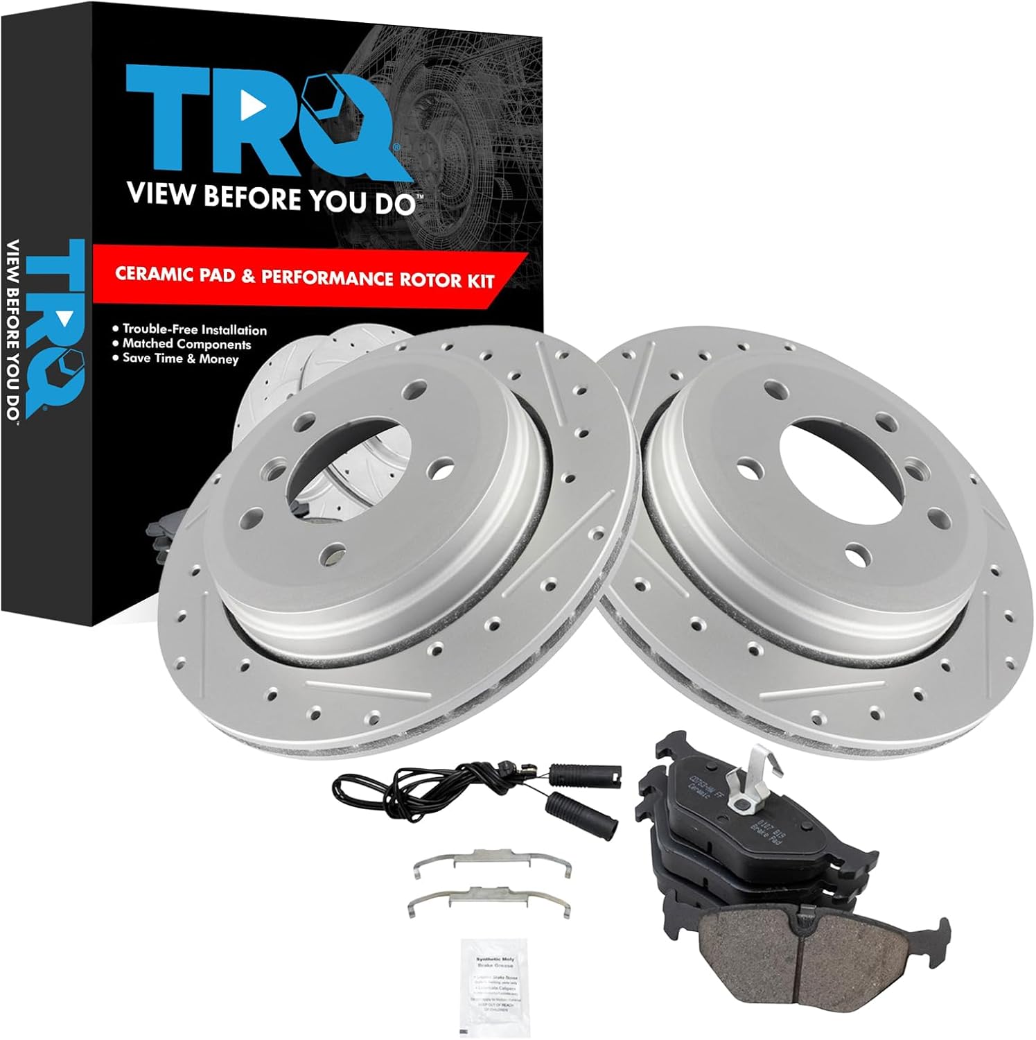 TRQ Rear Brake Pad & Rotor Kit Performance Ceramic Premium G-Coated Compatible with 2001-2005 BMW 325xi