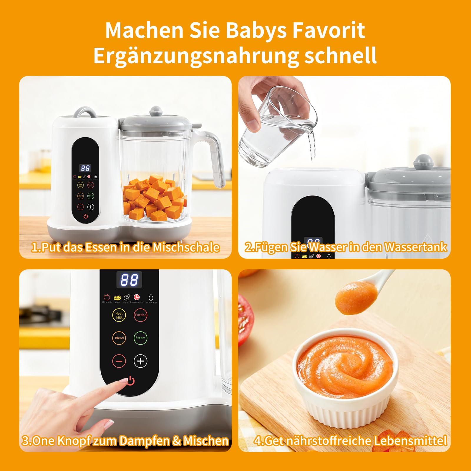 Machine à aliments pour bébé - 400 ml - Cuiseur vapeur - Avec modes prédéfinis - 4 menus - Cuisson et broyage automatiques - Auto-nettoyage - Contrôle tactile