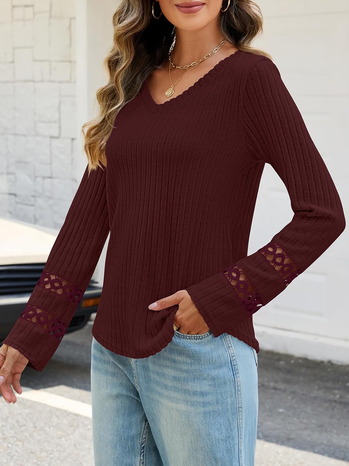 MEROKEETY Womens Long Sleeve Tops 2025 Trendy Fall Winter V Neck Ribbed Sweaters Casual Shirts Blouses - Image 3