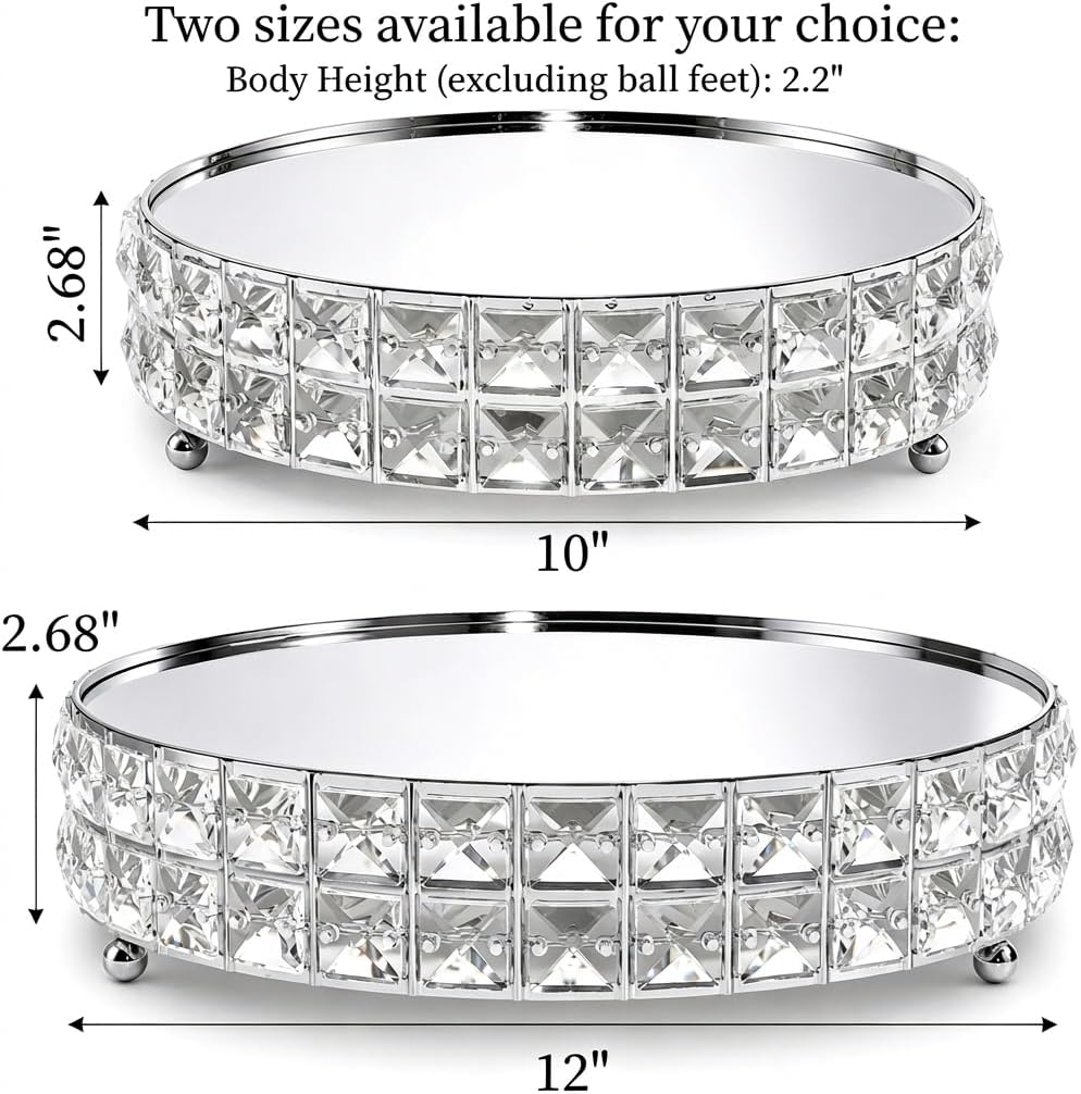 Goaste 2 Pack Silver Crystal Cake Stand Set with Mirror Top, 10" & 12" Round Metal Dessert Pedestal with Shining Crystal Edge, Elegant Cupcake Serving Tray Centerpiece for Wedding, Birthday Party