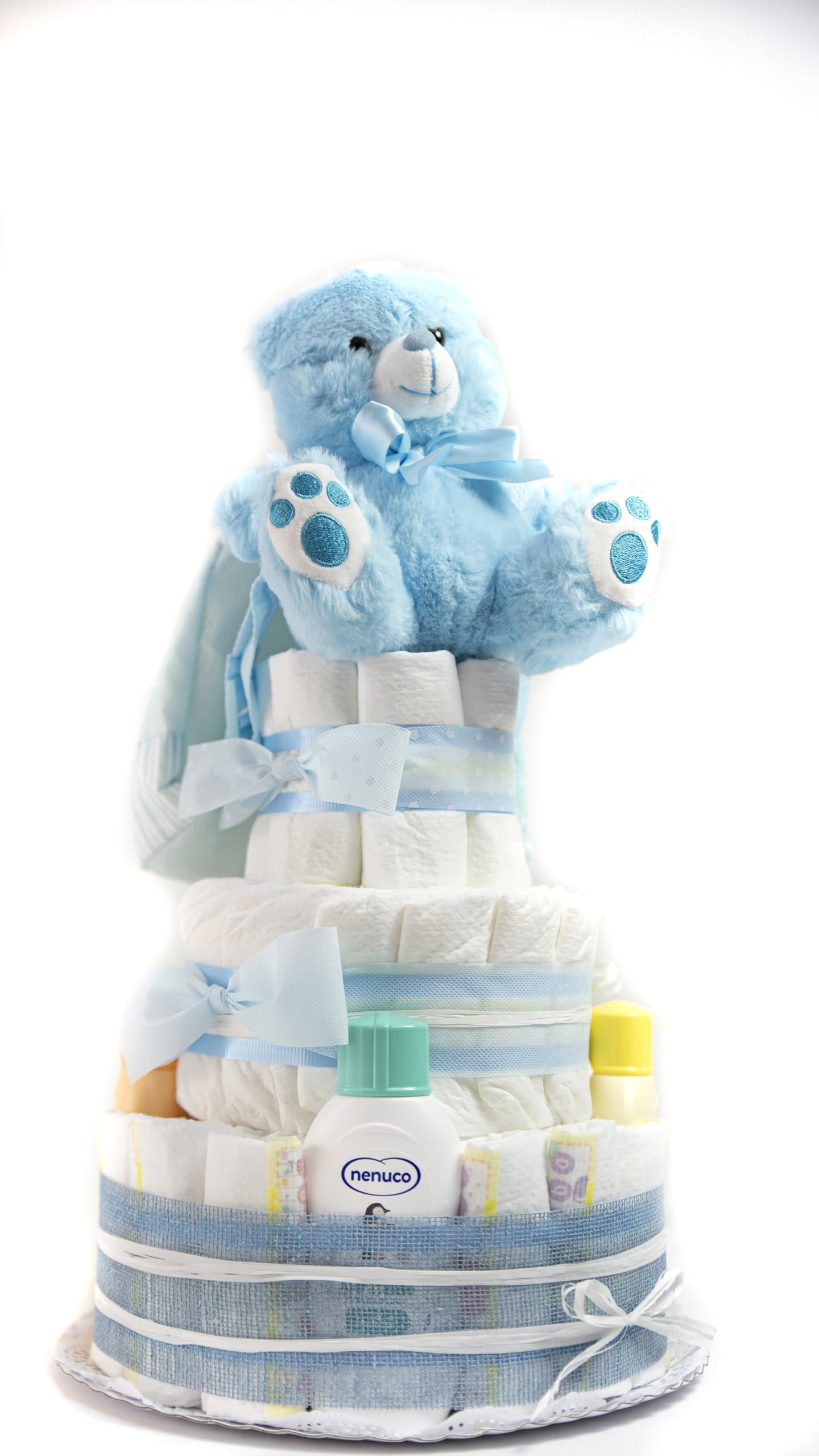 Tarta De Pañales y Neceser 3 Pisos Niña y Niño con Accesorios - Regalo Original para recién nacido padres primerizos - Regalo para Bebé - Supermolón (Niño)