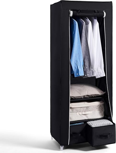 Hododou Portable Wardrobe Single Wardrobe Storage Organizer with 2 Drawers and Hanging Rail Foldable Closet for Clothes, Bags, Toys, Shoes, Living Room, Bedroom 160 x 59 x 43CM