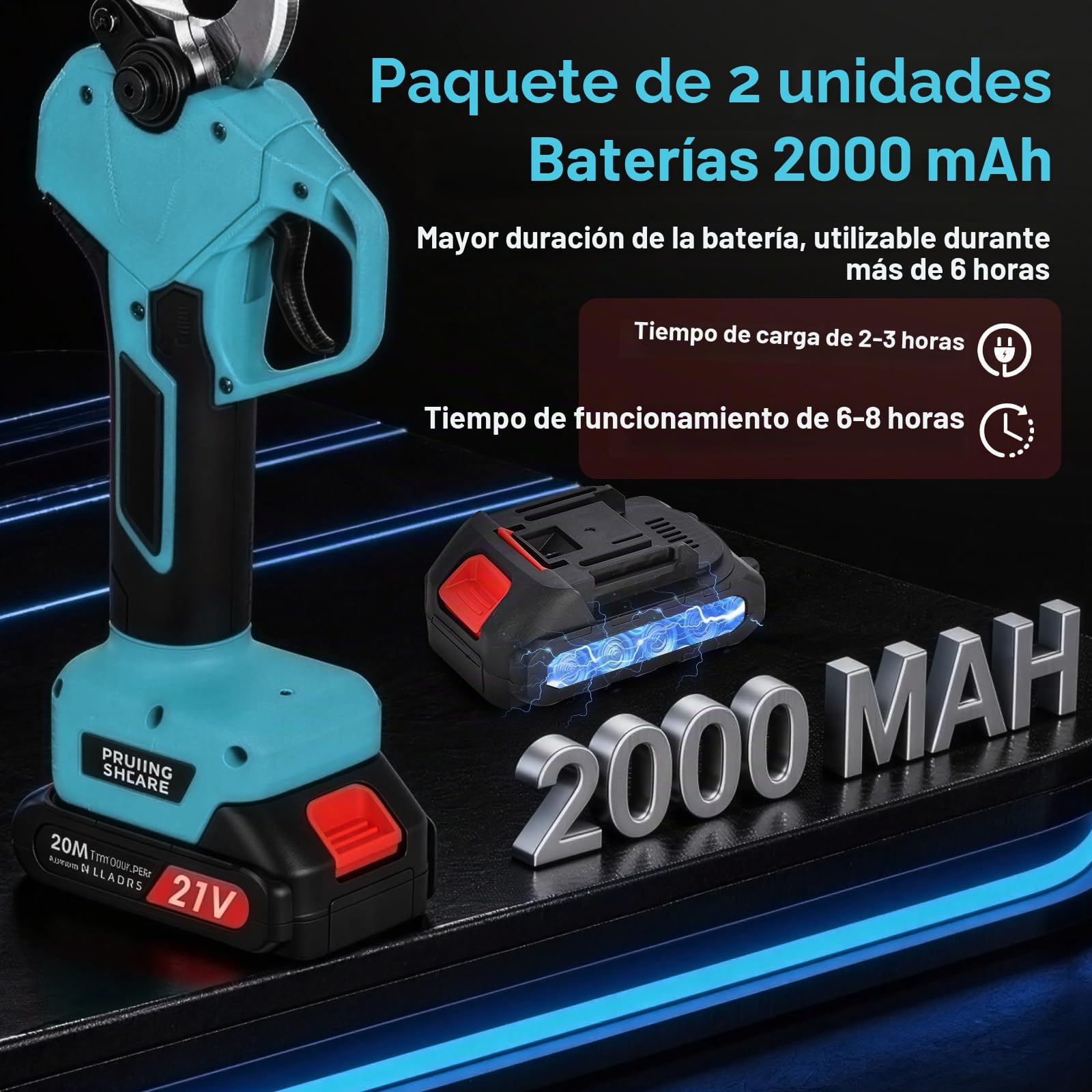 Tijeras de Podar Electricas 50mm a Batería, Tijeras de Podar Bateria Con pantalla 2 baterías de 2000mAh 2 cuchillas SK5 2 Tamaños de Apertura (25/50mm) Para Huertos Jardines y Granjas Azul