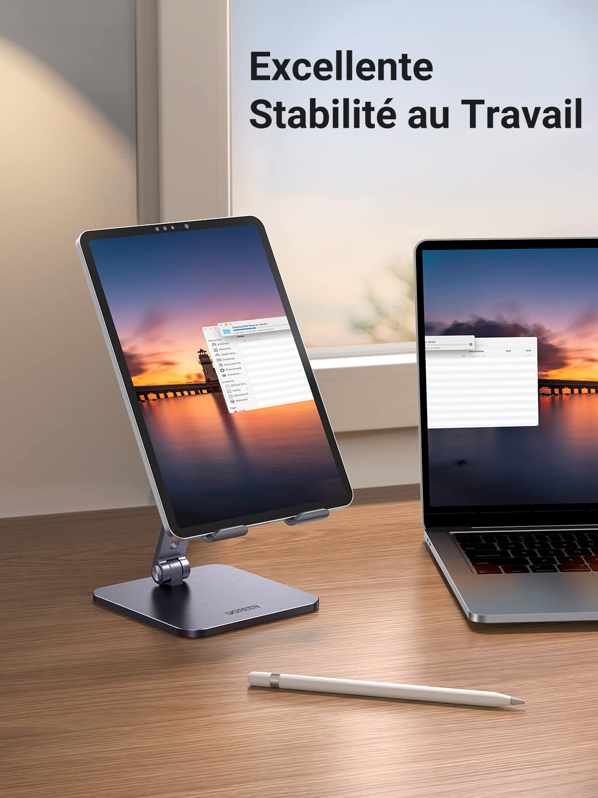 UGREEN Support Tablette Bureau Réglable Porte Téléphone Pliable en Aluminium Compatible avec iPhone 16 iPad Pro 12,9 Air 2022 Mini Galaxy Tab A9 (Gris)