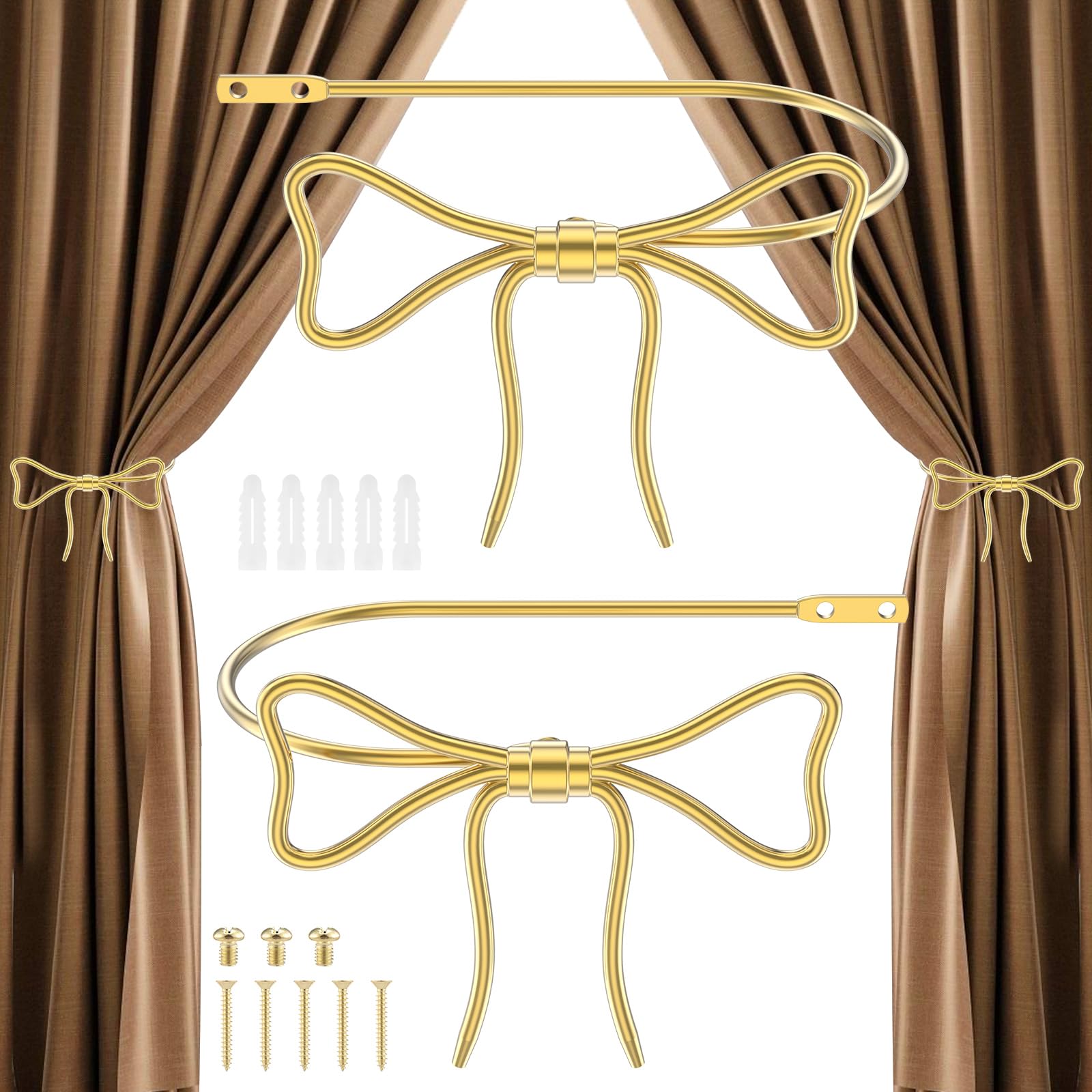 2 Pack Metal Bow Curtain Holdbacks Wall Mounted Decorative Gold Bow Knot Curtain Tieback Modern Window Drapery Holdback Hook for Home Bedroom Living Room Bathroom(golden B)