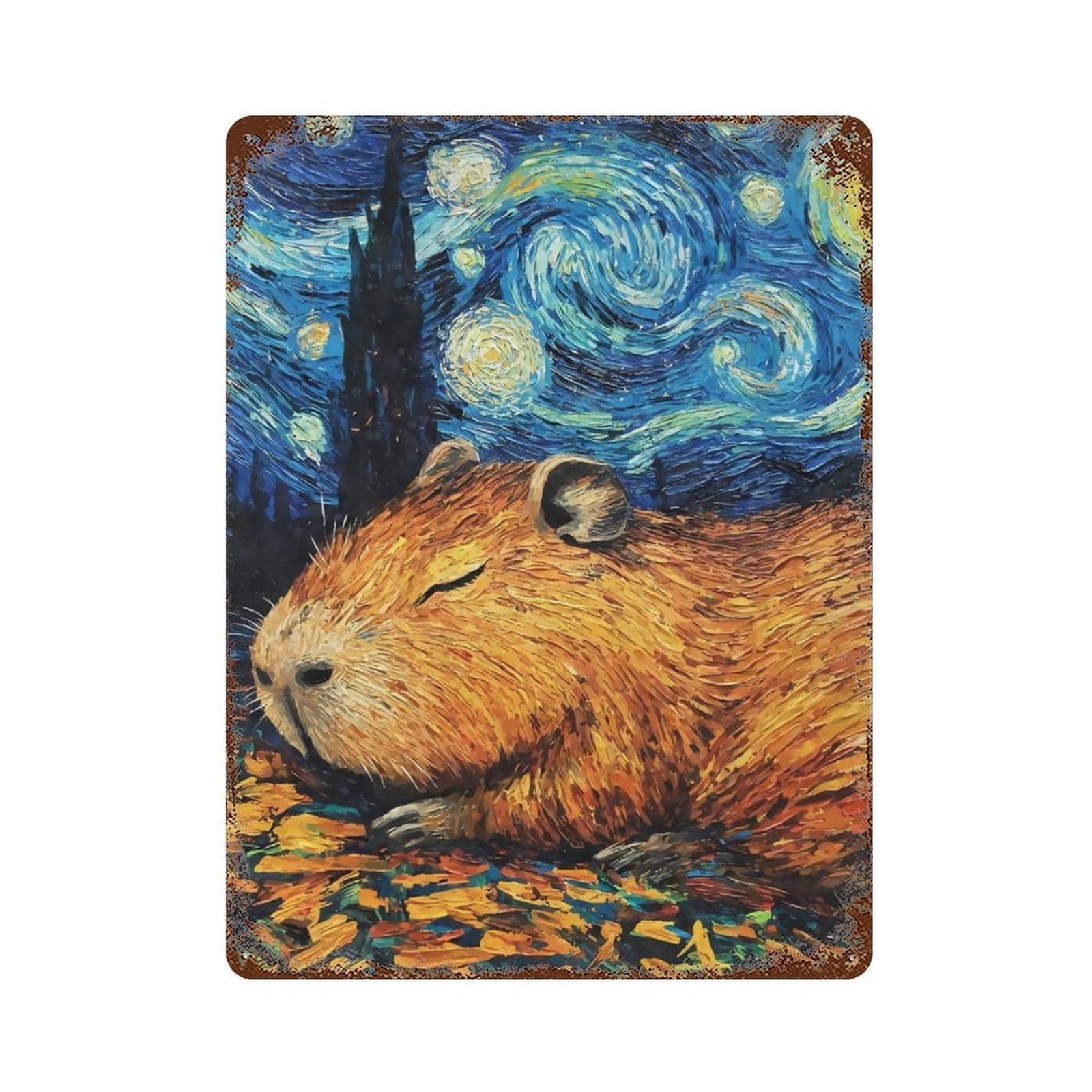 Capybara Sleeping Starry Night Vintage Wall Sign 15.7"x11.8", Rust Effect Metal Decor for Basement, Hobby Room And Garage Decor