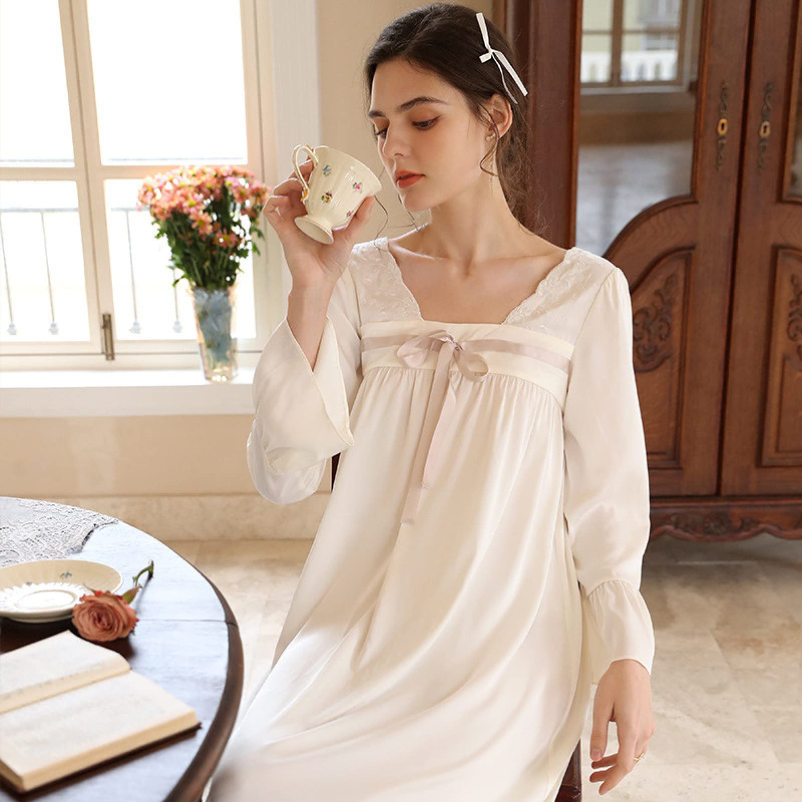 OFFSUM Camisón De Pijama De Mujer - Primavera Verano Cuello Cuadrado Satén Camisón Elegante Bowknot Dulce Vestido Estilo Chino Color Sólido Camisón Ropa