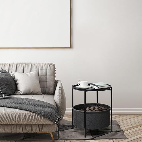 Miniatura 63 de danpinera Mesa auxiliar redonda con cesta de almacenamiento de tela, mesita de noche pequeña de metal con bandeja extraíble para sala de estar,