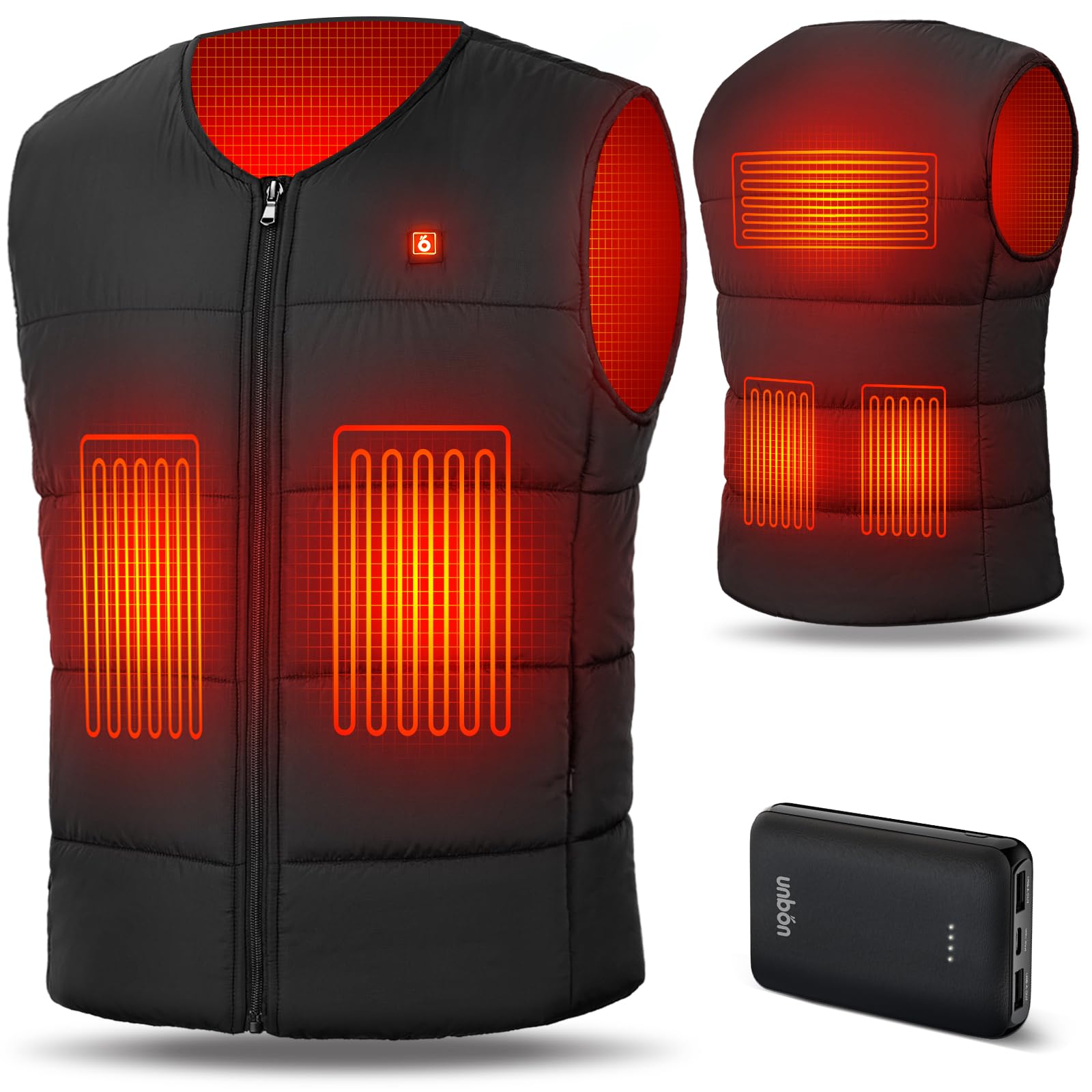 UNBON Gilet Riscaldato Uomo Donna Scollo V, Giubbotto Riscaldato Uomo Donna con Batteria USB 10000mAh, Gilet Giubbotto Riscaldante Termico con 3 Temperatura 6 Zone di Calore per Moto Lavoro