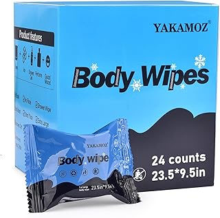 YAKAMOZ Large Body Wipes for Adults Bathing Rinse Free, Biodegradable with Aloe and Mint Essence, Refreshing Anytime Anywhere, Post Workout, Camping, Travel, Daily Life, 24-Counts X-Large(23.5â€x9.5â€)