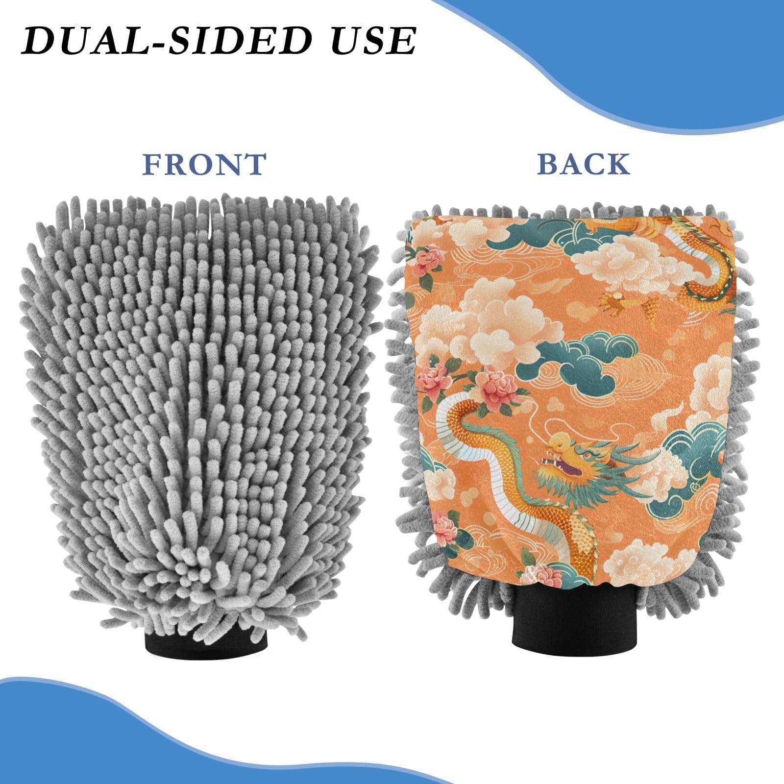 IOACIY Absorbent Microfiber Car Wash Drying Mitts, 2 Pack, Scratch-Free & Lint-Free, Rich Foam, Highly Absorbent, Double Sided, Wash Mitt Perfect for Car Washing, L, Chinese Dragon (7)