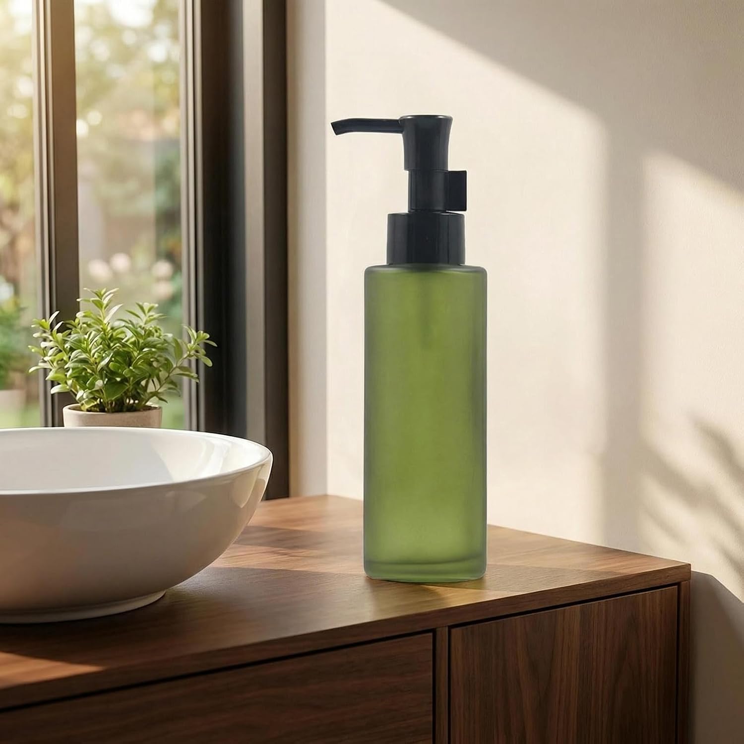 1 Pcs 100ML/3.4OZ Upscale Green Matt Glass Pump Bottles with Black Pump Top Lotion Pump Bottle Cosmetic Container Travel Soap Dispenser Toiletries Bottle Vial Jar for Cream Emulsion Essence image 5