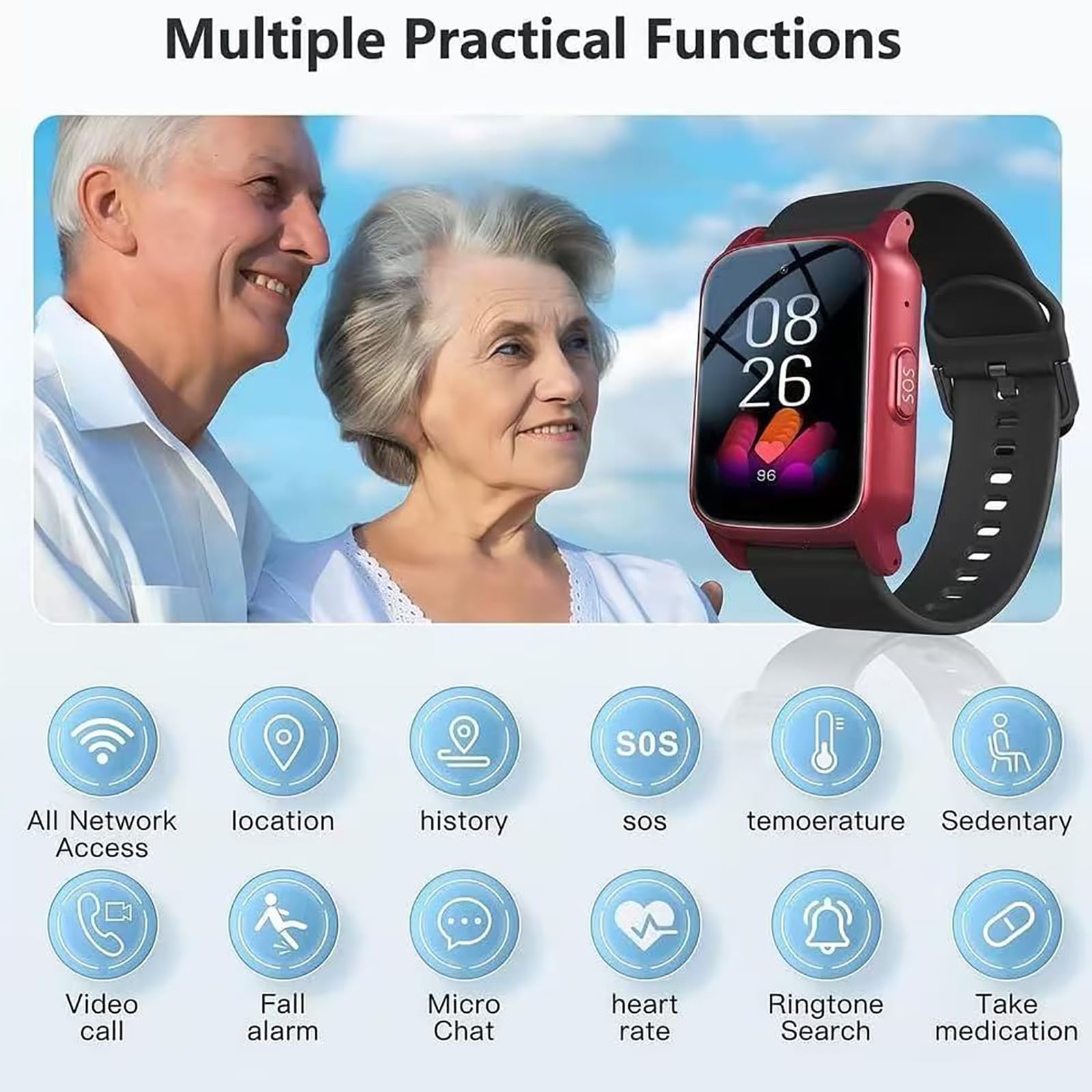 Montre connectée pour seniors, avec détection des chutes, alerte de chute, traceur GPS, étanche IP67, précision de localisation de 5 à 15 mètres pour les patients et les personnes âgées (Rouge)