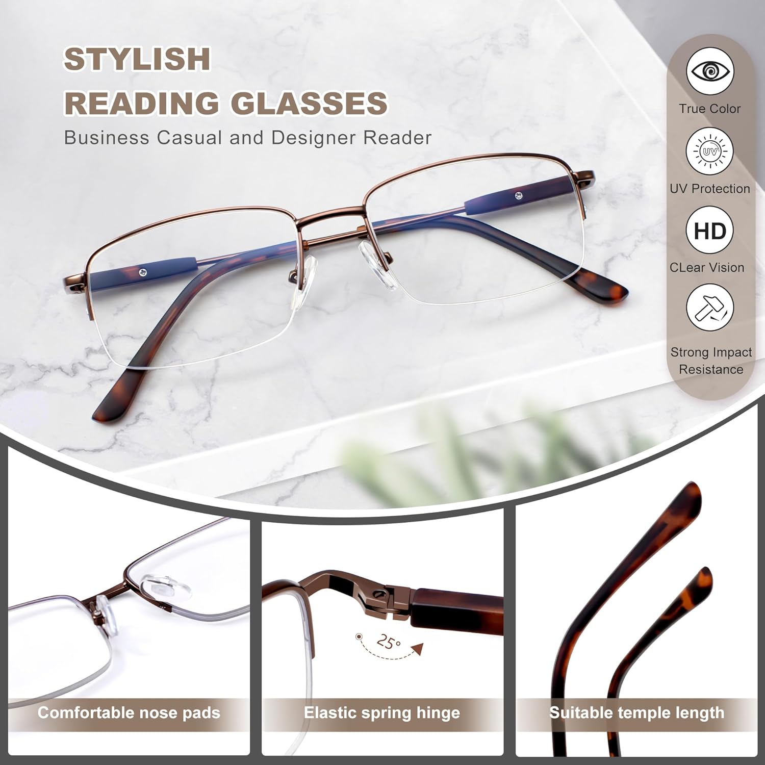 EYEGUARD Blue Light Blocking Reading Glasses for Men,Style Half Frame Metal Computer Readers Spring Hinge Eyeglasses - Image 3