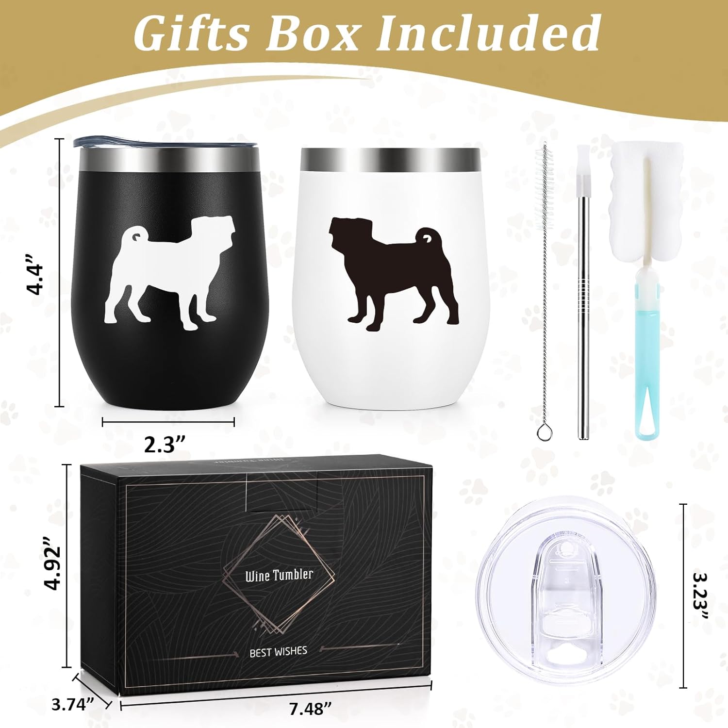 Lifecapido Pug Gifts for Pug Lovers, Pugs Silhouette 12oz Stainless Steel Wine Tumbler Set of 2, Birthday Christmas Gifts for Dog Lovers Dogs Parents Dogs Mom Dad, Black and White - Image 7