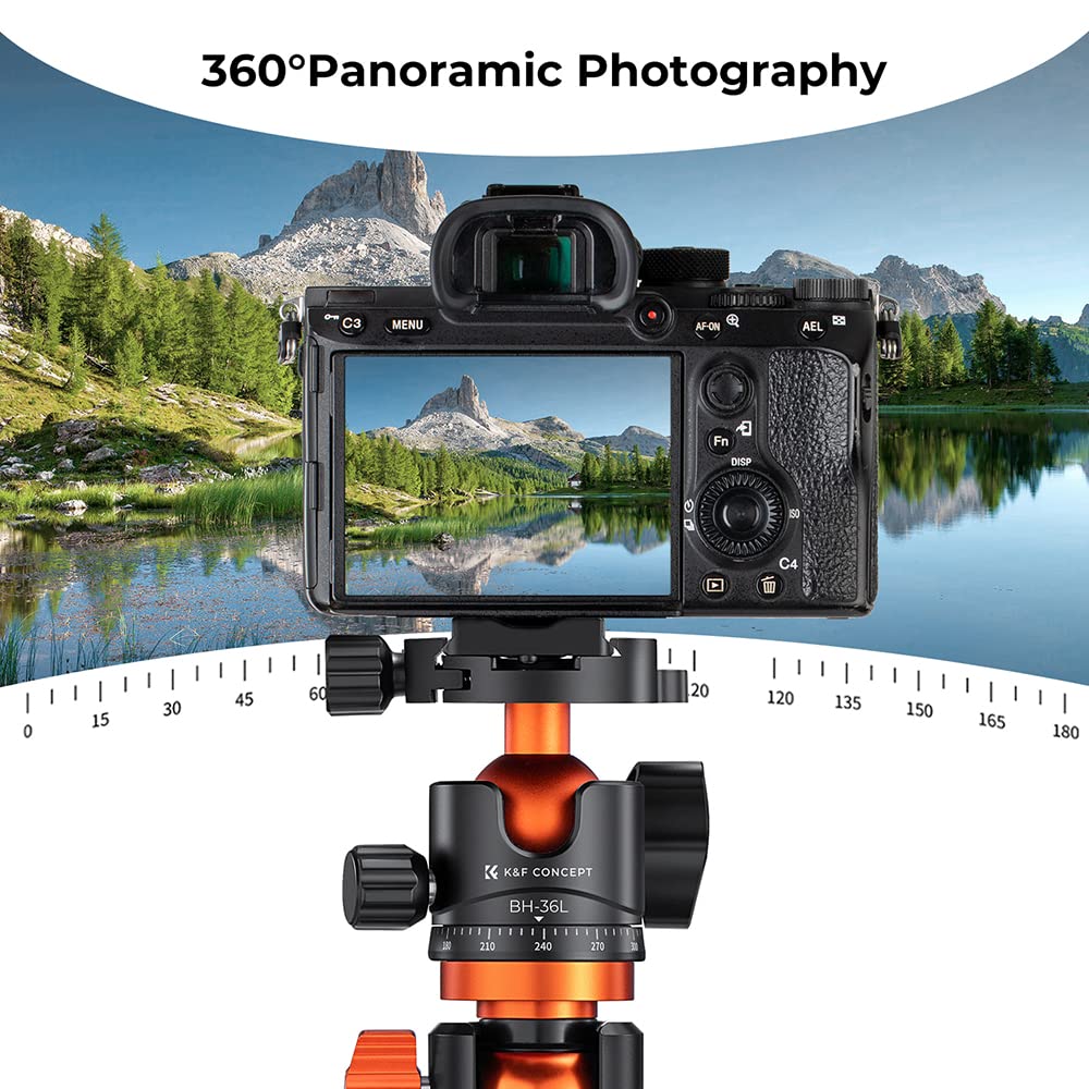 K&F Concept Testa a sfera per treppiede in metallo da 36 mm Rotazione a 360 gradi Panoramica con piastra a sgancio rapido da 1/4 di pollice Livella a bolla Capacità di carico fino a 35,2 libbre/16 kg