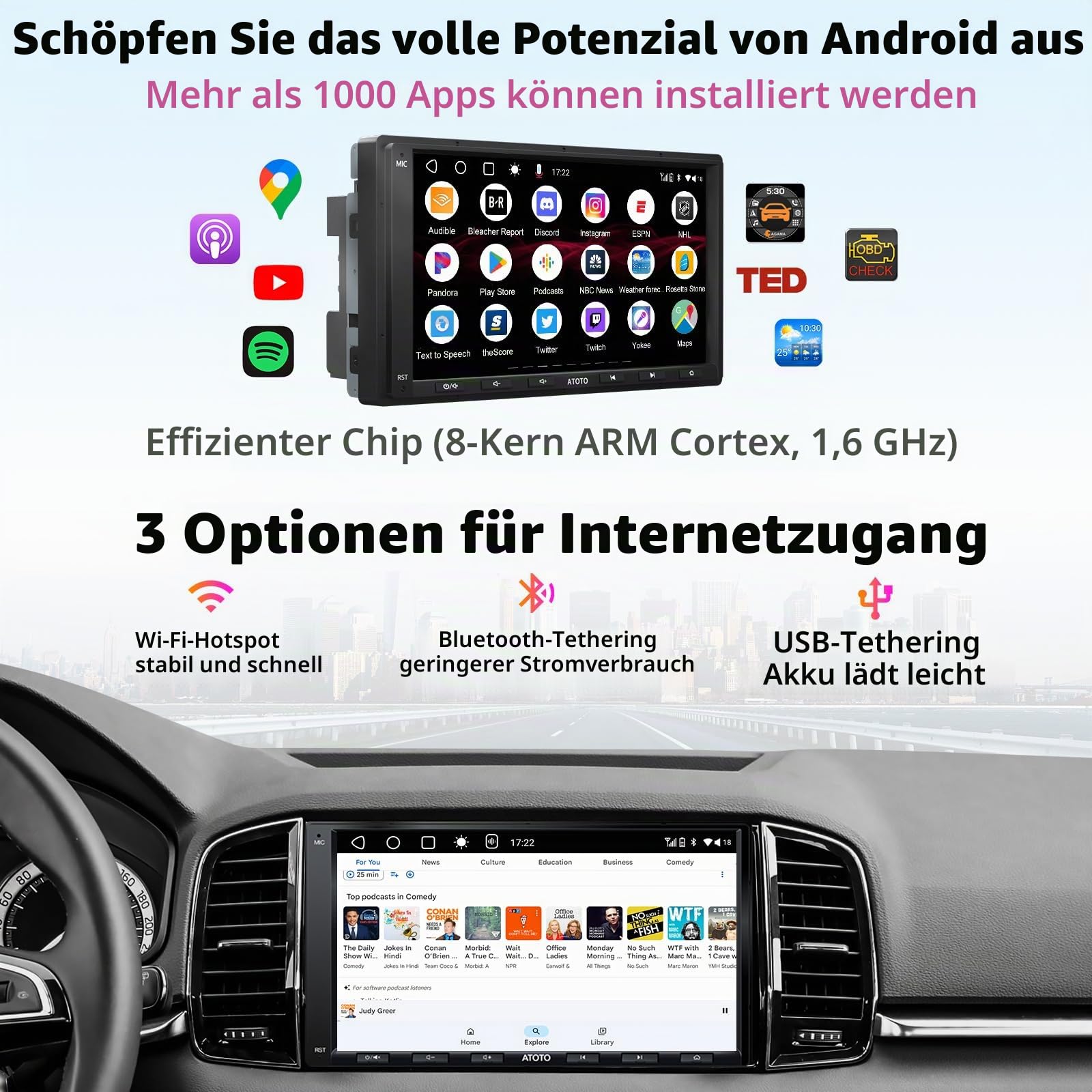 ATOTO A6PF 7-Zoll Android Doppel-DIN Autoradio, DAB+ Radio, kabellos CarPlay und Android Auto, Dual BT, WiFi/BT/USB-Tethering-Internet, 2G+32GB, HD-LRV-Eingang mit Rückfahrkamera, A6G2A7PF-S01