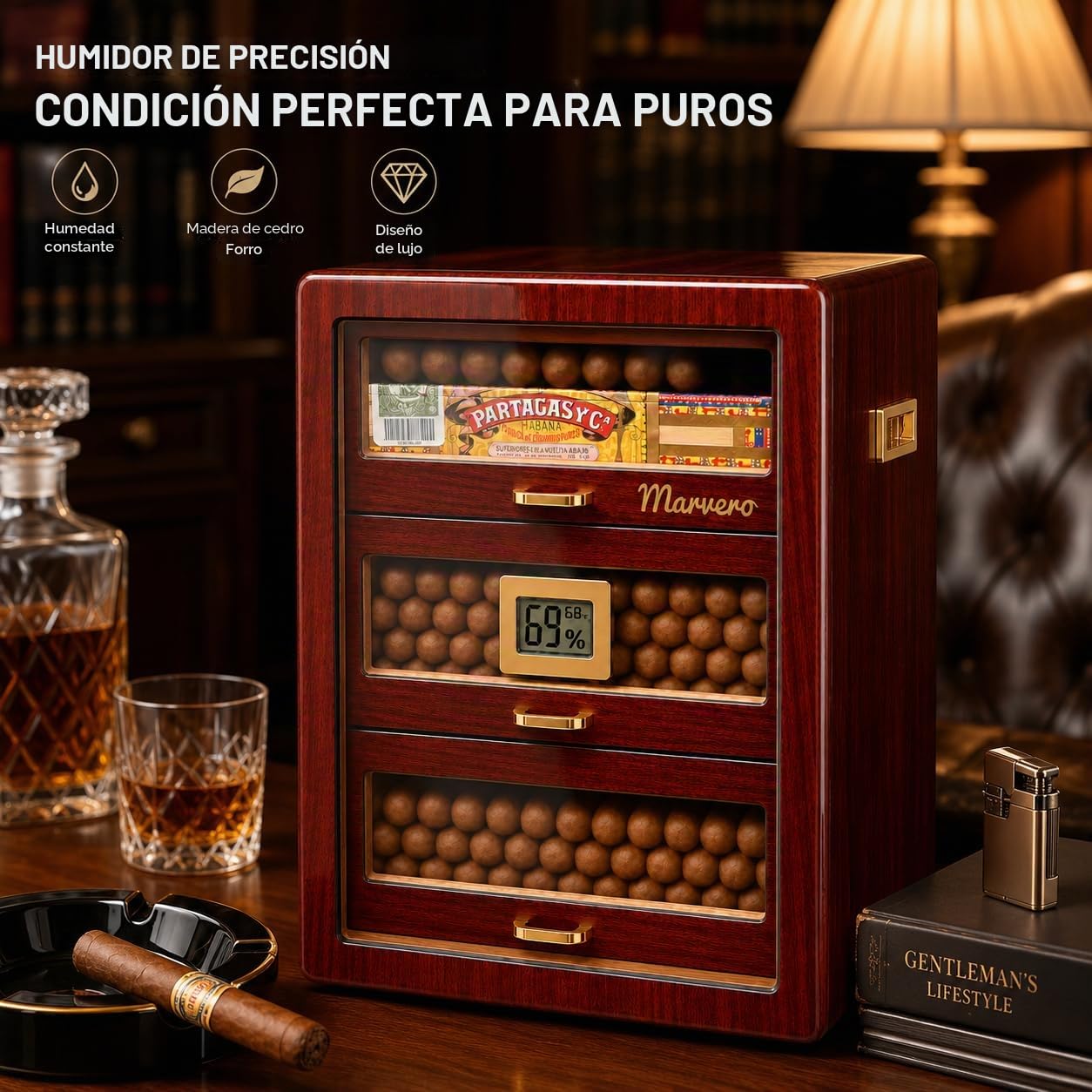 Armario Humidor para 150 Puros, Higrómetro Digital, Ébano