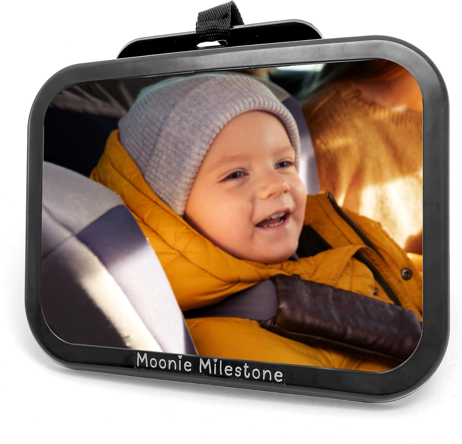 Moonie Milestone™ Baby Car Mirror | Safety Mirror for Car Seat Rear Facing Infants | Wide Crystal Clear View Car Mirror for Baby | Fully Adjustable, Shatterproof, ABS + Acrylic | Baby Mirror - Black