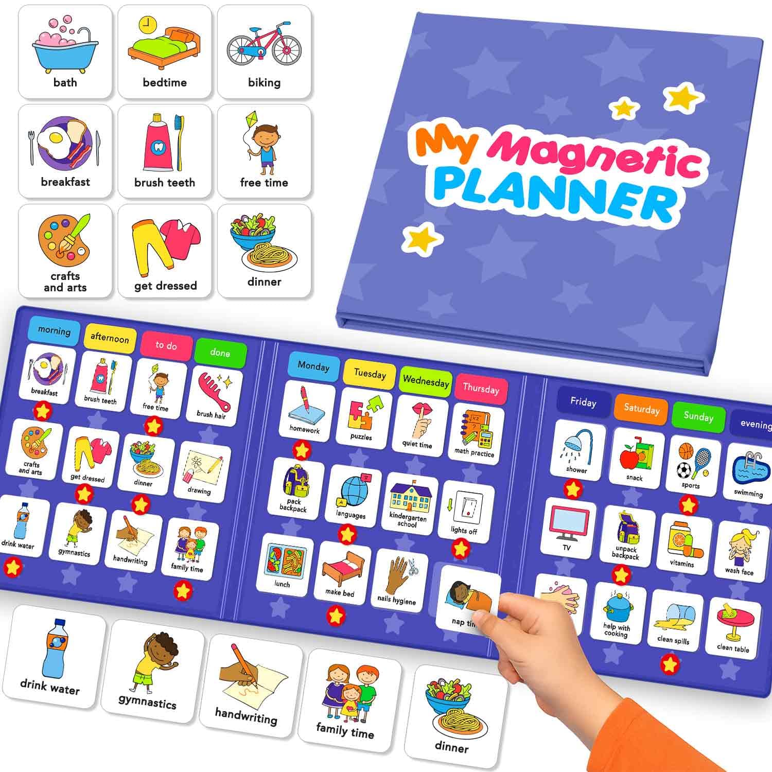 QUOKKA Magnetic Chore Chart for Kids with 72 Routine Magnets & Star Rewards - Foldable Visual Daily Responsibility Schedule and Behavior Chart for