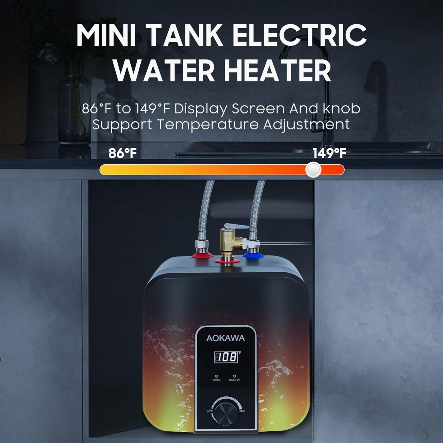 Electric Mini Tank Water Heater 2.5 Gallon Under Sink Instant Hot Water Point of Use for RV Kitchen Bathroom Camper with Safety Vavle 1/2" NPT Wall or Floor Mounted