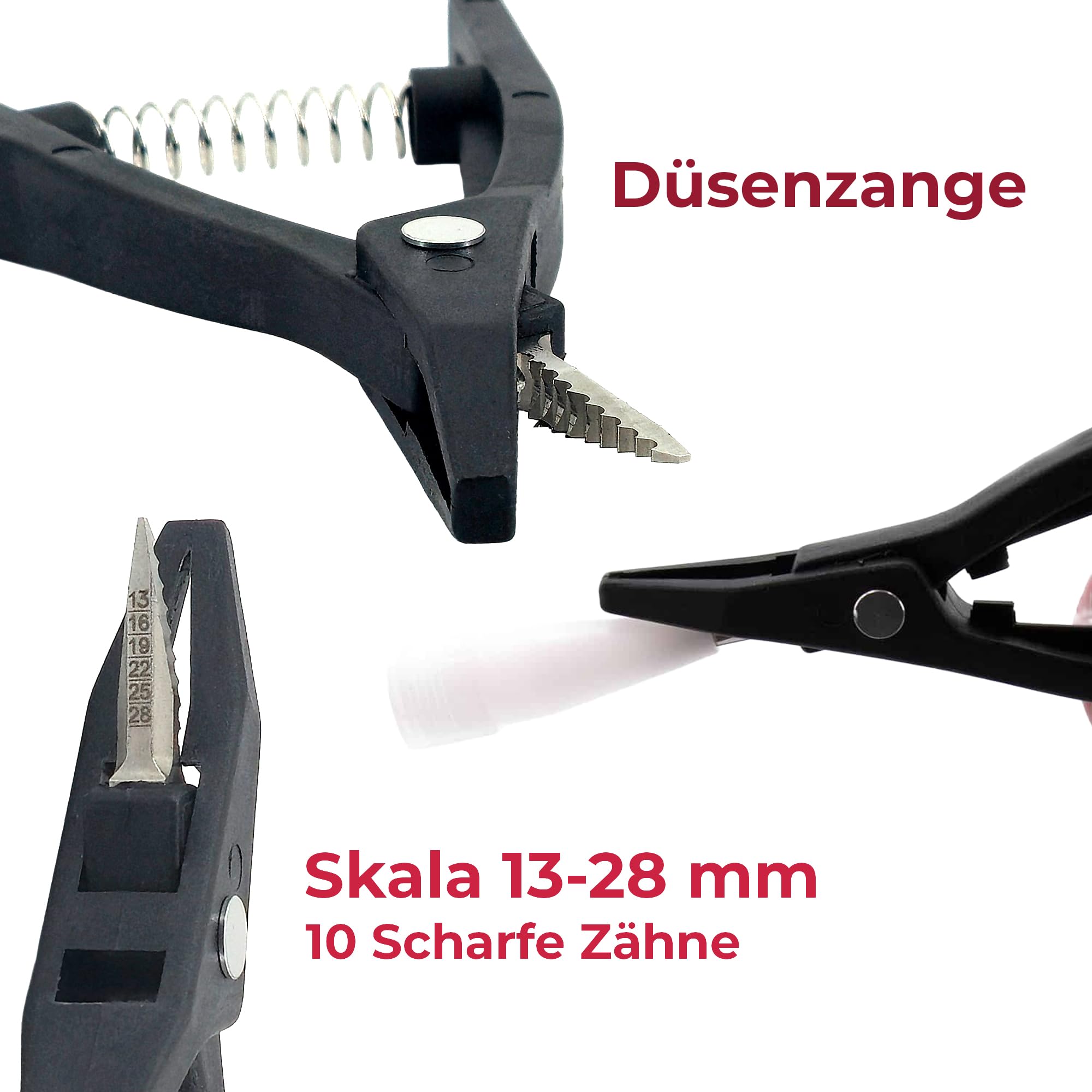 Düsenzange Kartuschenspitzen Zange – V-Schnitt für Kleberdüsen 13–28 mm mit Skala | Präziser Zuschnitt für Kartuschen Spitzen | inkl. Sicherheitskappe Zange Kartuschen Spitzen schneiden