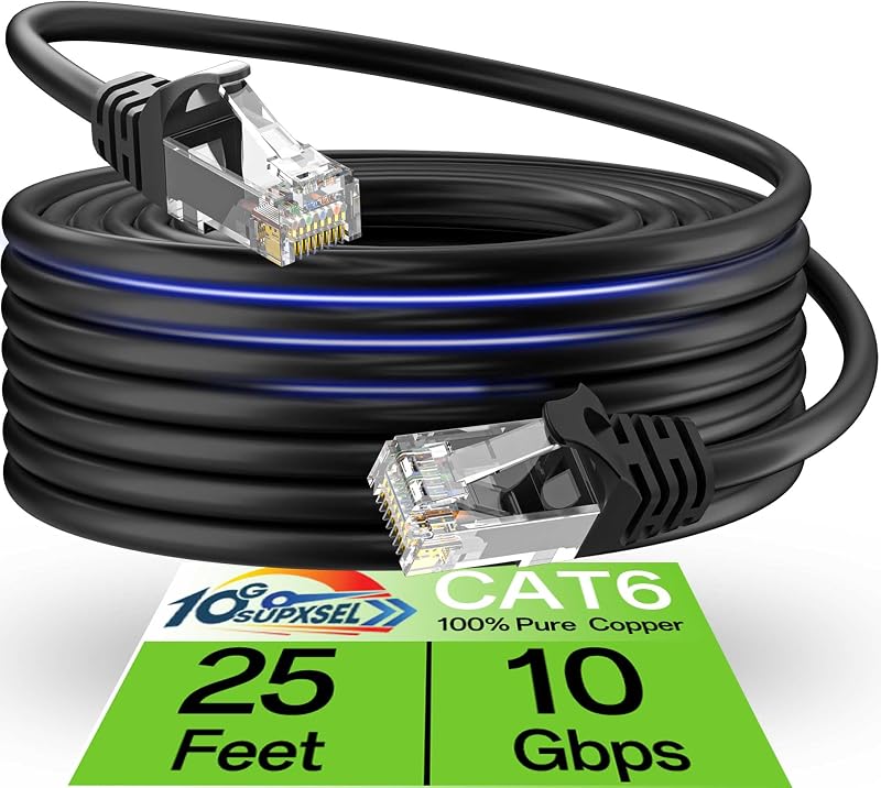Cat 6 Ethernet Cable 25FT Outdoor&Indoor, Cat6 Ethernet Patch Cable 10Gbps, High-Speed UTP Cat6 Network Cable Pure Copper, Cat 6 Cable for Home and Office Network, Black