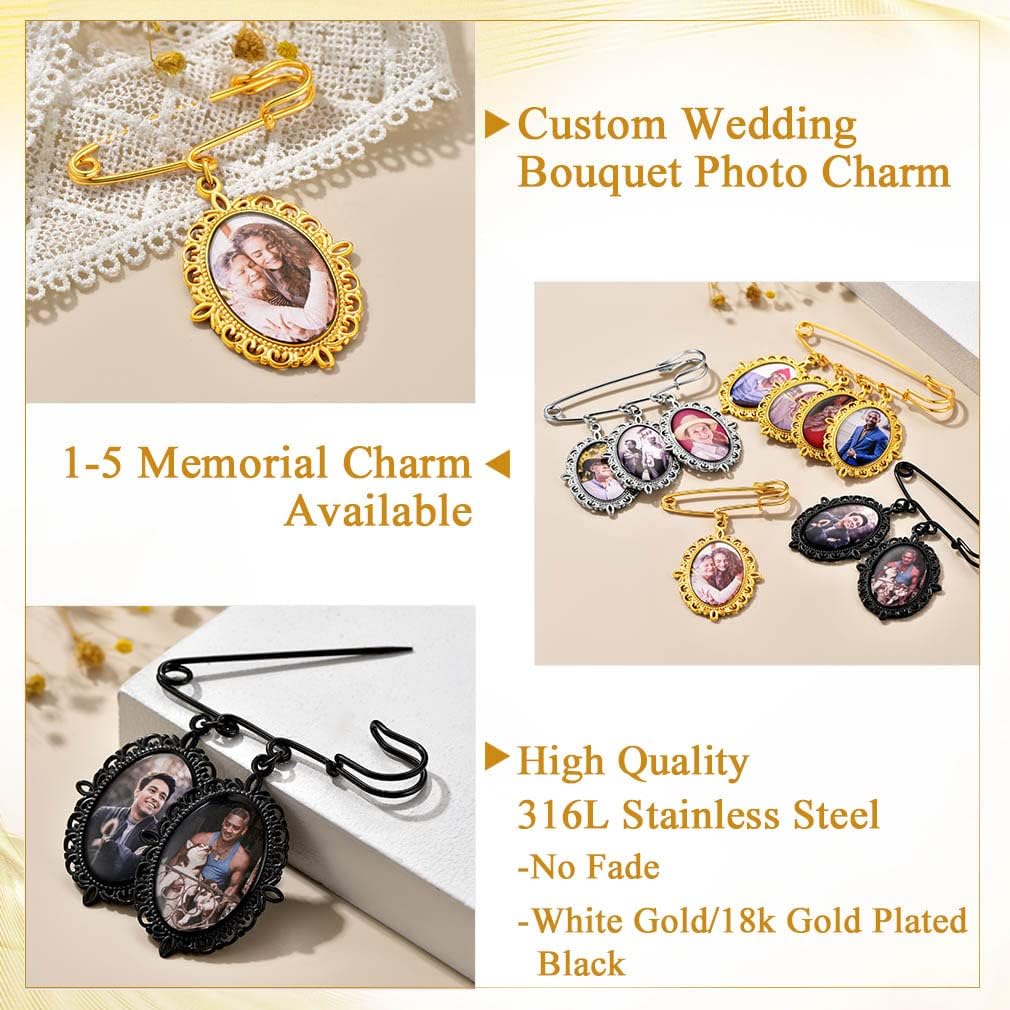 Miniatura 5 de Custom4U Abalorios de fotos de ramo de boda personalizados con 1 a 4 fotos conmemorativas Boutonniere para novia o recuerdo funerario para madre,