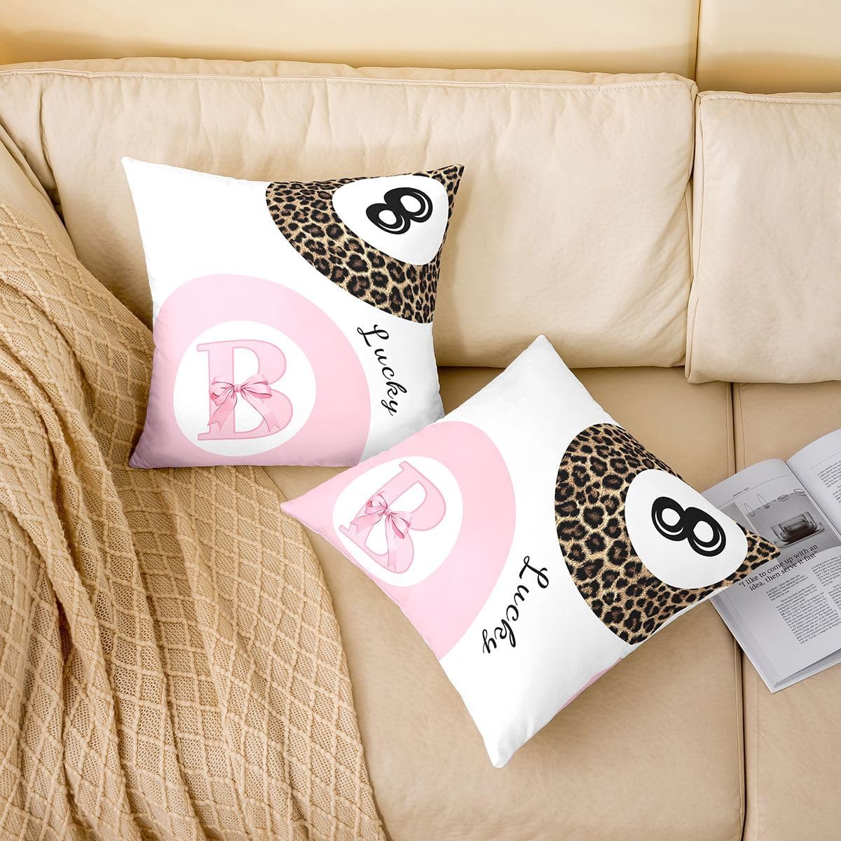 Funky Leopard Print Kids Throw Pillow Cover Cheetah Bowknot Lucky Ball Pillowcase Soft Square Cushion Case Cute Letter B Double Sides Pillow Case Pink Couch Sofa Cushion Cover,1 Pack 20"x20" image 3