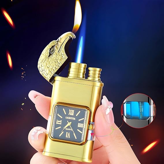 Windproof Dual-Flame Vintage Watch Lighter,2025 New Windproof Lighter Vintage Watch Bezel Jet Flame Torch (Black-A)