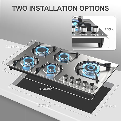Miniatura 6 de Placa de cocina de gas propano de 5 quemadores, estufa de gas de 36 pulgadas, placa de cocina de gas de acero inoxidable integrada con protección de