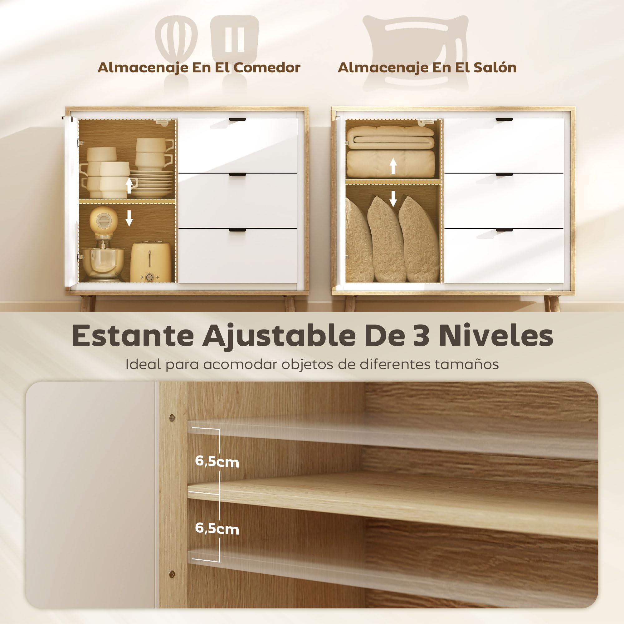 HOMCOM Aparador de 1 Puerta con 3 Cajones 80x35x77 cm Blanco Brillo y Roble | Aparador de Salón Moderno, Estante Ajustable, Patas de Madera, para Cocina, Entrada, Dormitorio