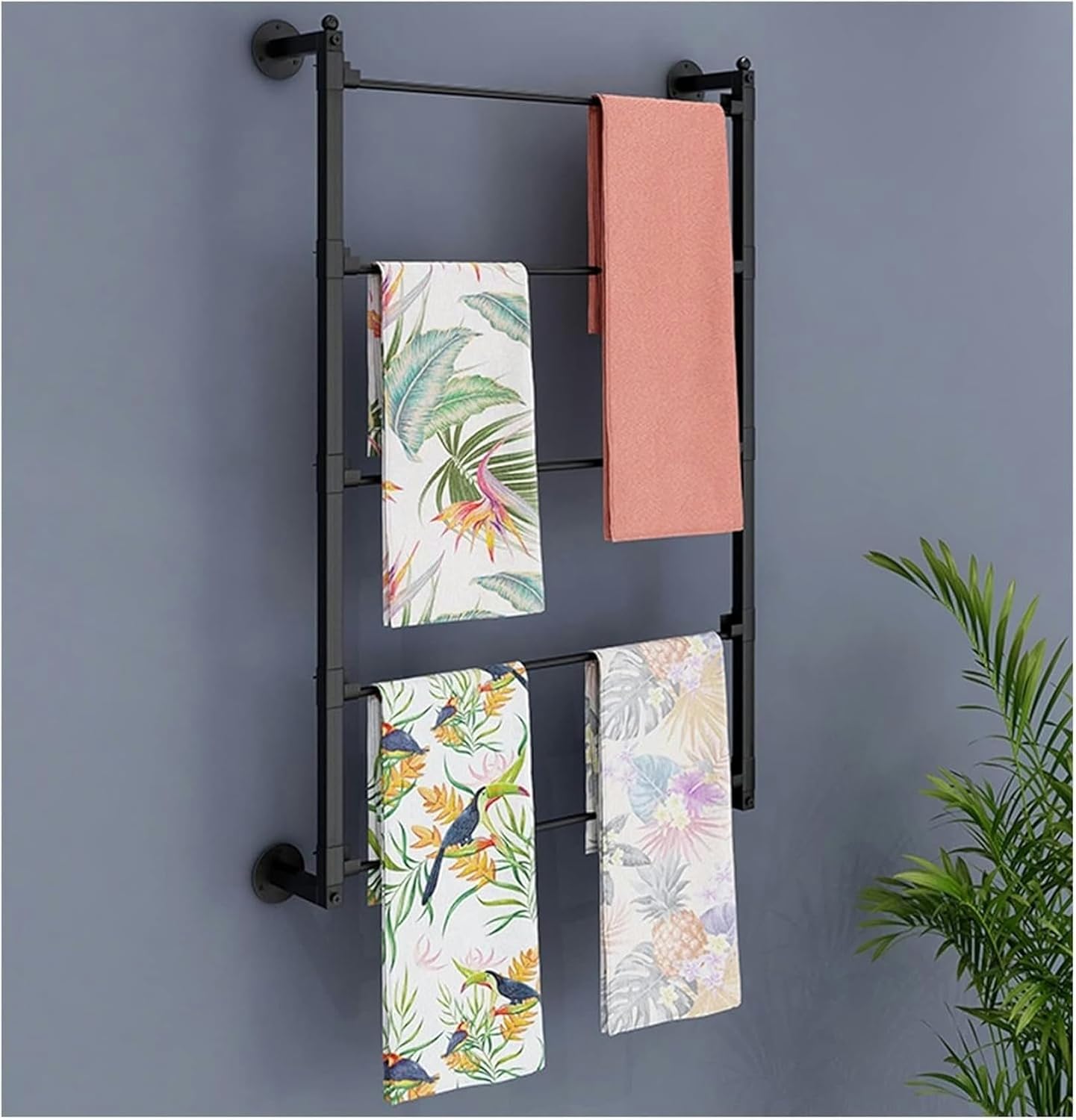 5 Tier Wall Mount Scarf Holder Organizer with Movable Cross Bar, Metal Multifunctional Display Stand Shelf for Wrapping Paper Pants Blanket, Space-Saving~/