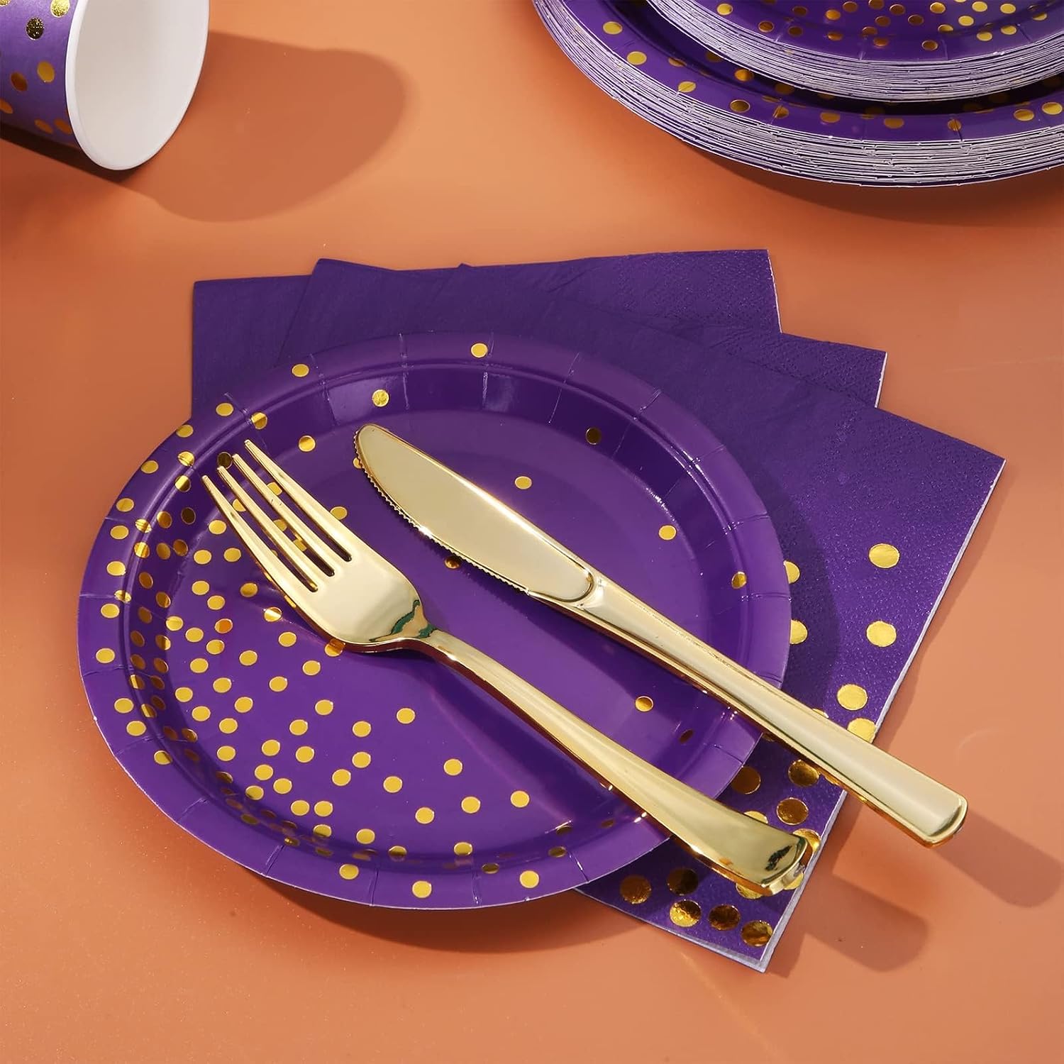 175Pcs Purple and Gold Party Decorations, Purple Plates and Cups and Napkins Sets, Gold Disposable Plates for Birthday Wedding Party Supplies, Serves 25